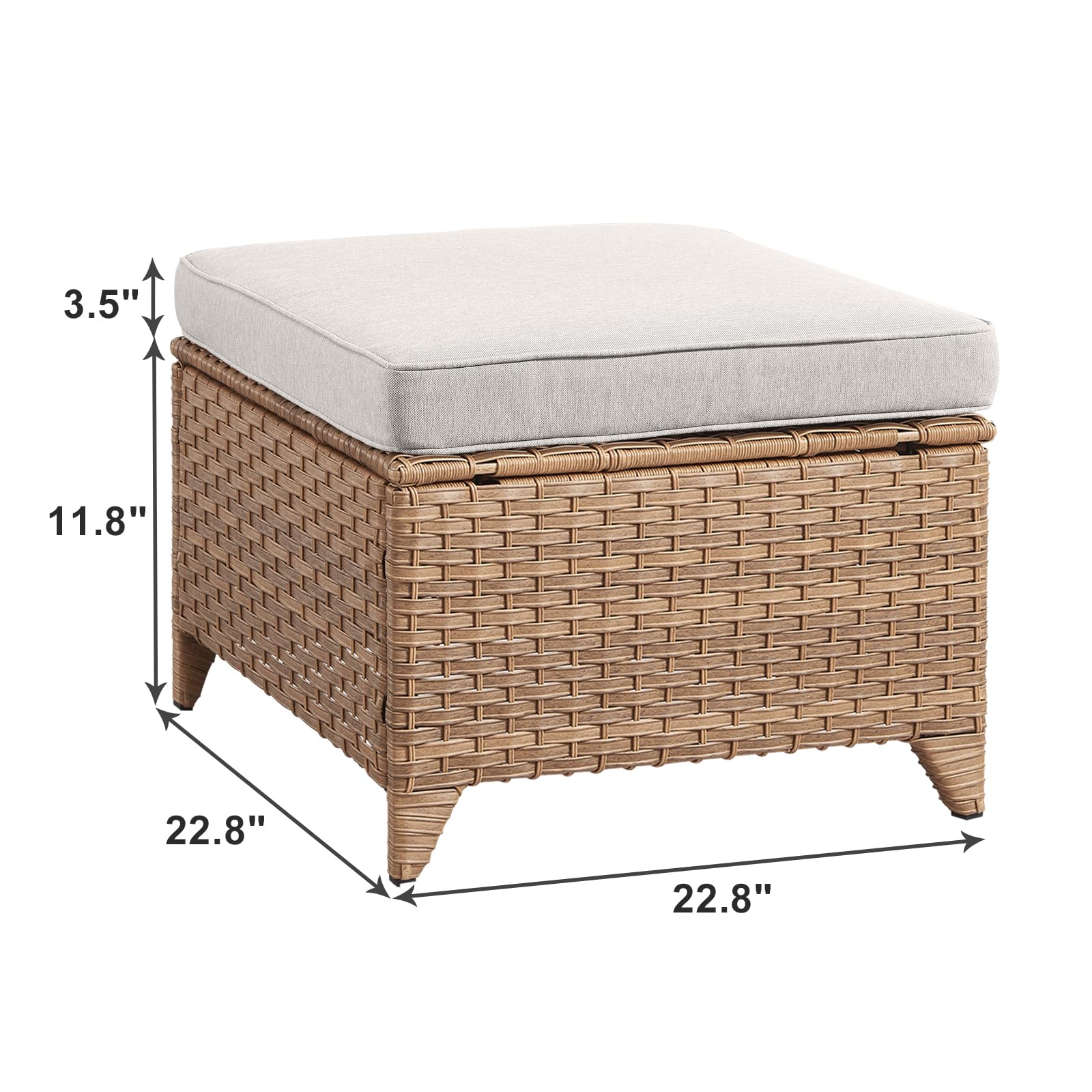 2-Piece Outdoor Wicker Ottoman Set with Thick Cushions - Yellow/Beige Rattan Patio Footrest & Footstool for Garden, Poolside & Backyard Relaxation
