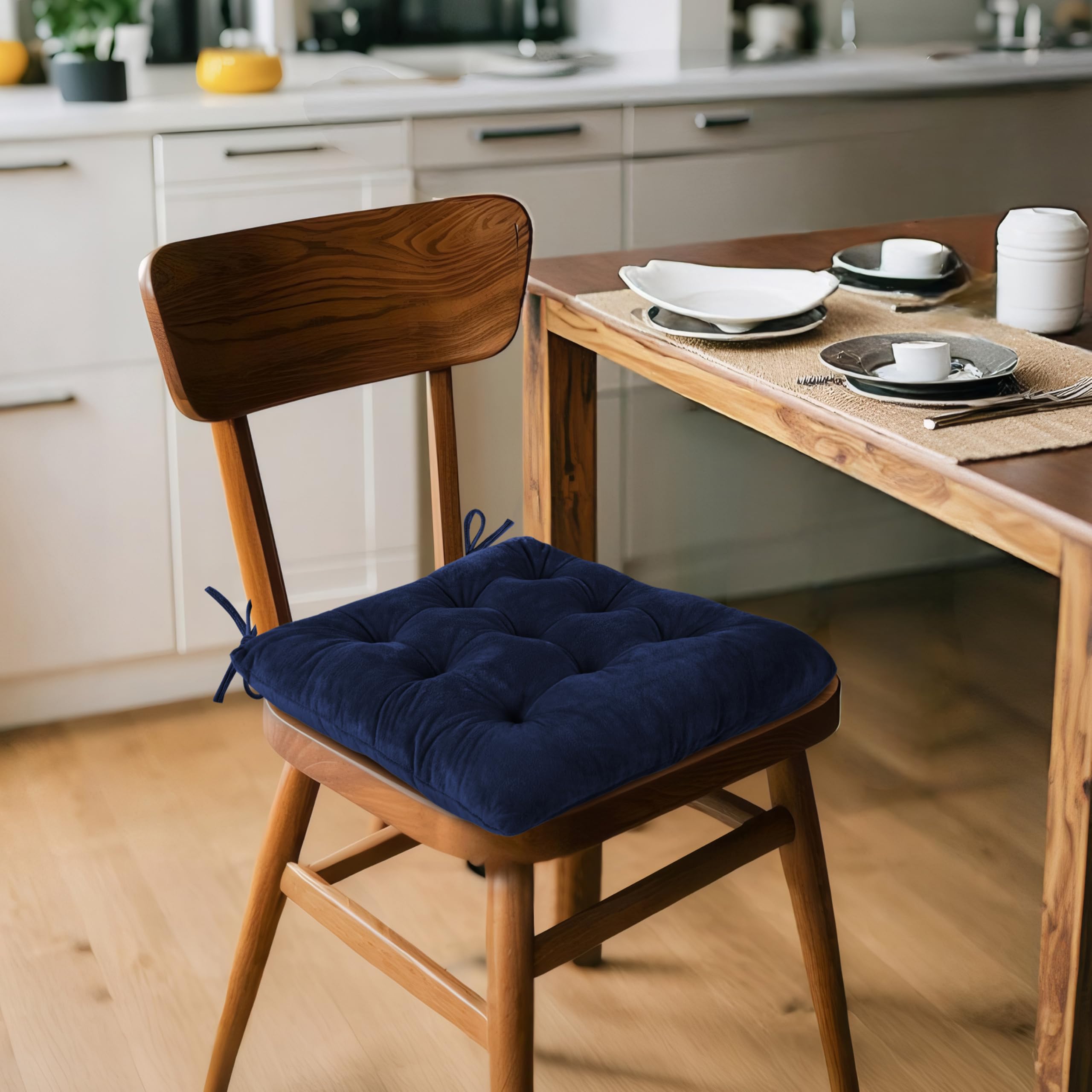 ELFJOY 4 Pack Navy Velvet Dining Chair Cushions with Ties - Kitchen & Office Use