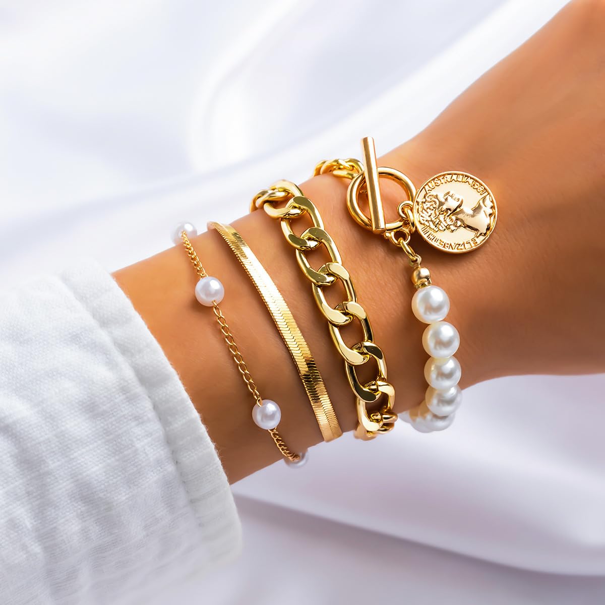 FUTIMELY 14K Gold Plated Snake Pearl CZ Chain Link Bracelet Set for Women - Adjustable Dainty Layered Paperclip Stacked Bracelets - Perfect for Everyday Wear, Gift Giving & Special Occasions