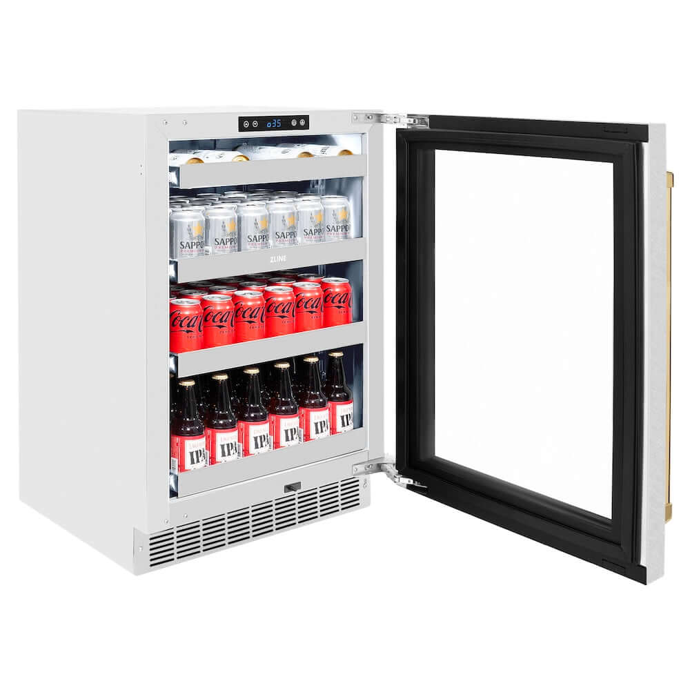 ZLINE Autograph Edition 24 Inch Touchstone 151 Can Beverage Refrigerator - Stainless Steel Glass Door with Polished Gold Handle - Perfect for Home Bar, Kitchen, Office, or Man Cave (RBSOZ SN 24 G)