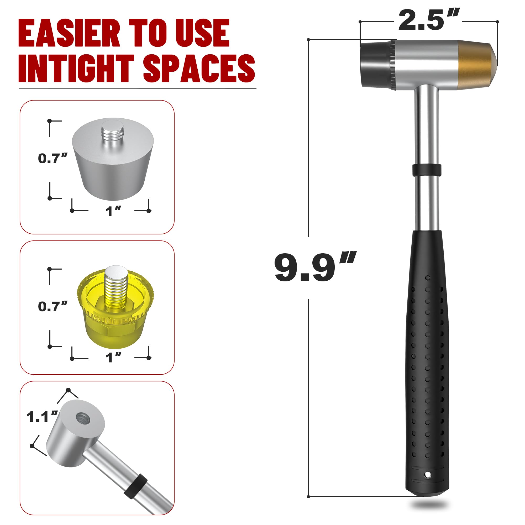 Premium Small Brass Hammer with 4 Interchangeable 1-Inch Heads - Brass, Nylon, Aluminum & Rubber Mallet for Jewelry Making, Watch Repair, DIY Crafts & Leather Working | Perfect for Delicate Metalwork & Precision Hammering Tasks