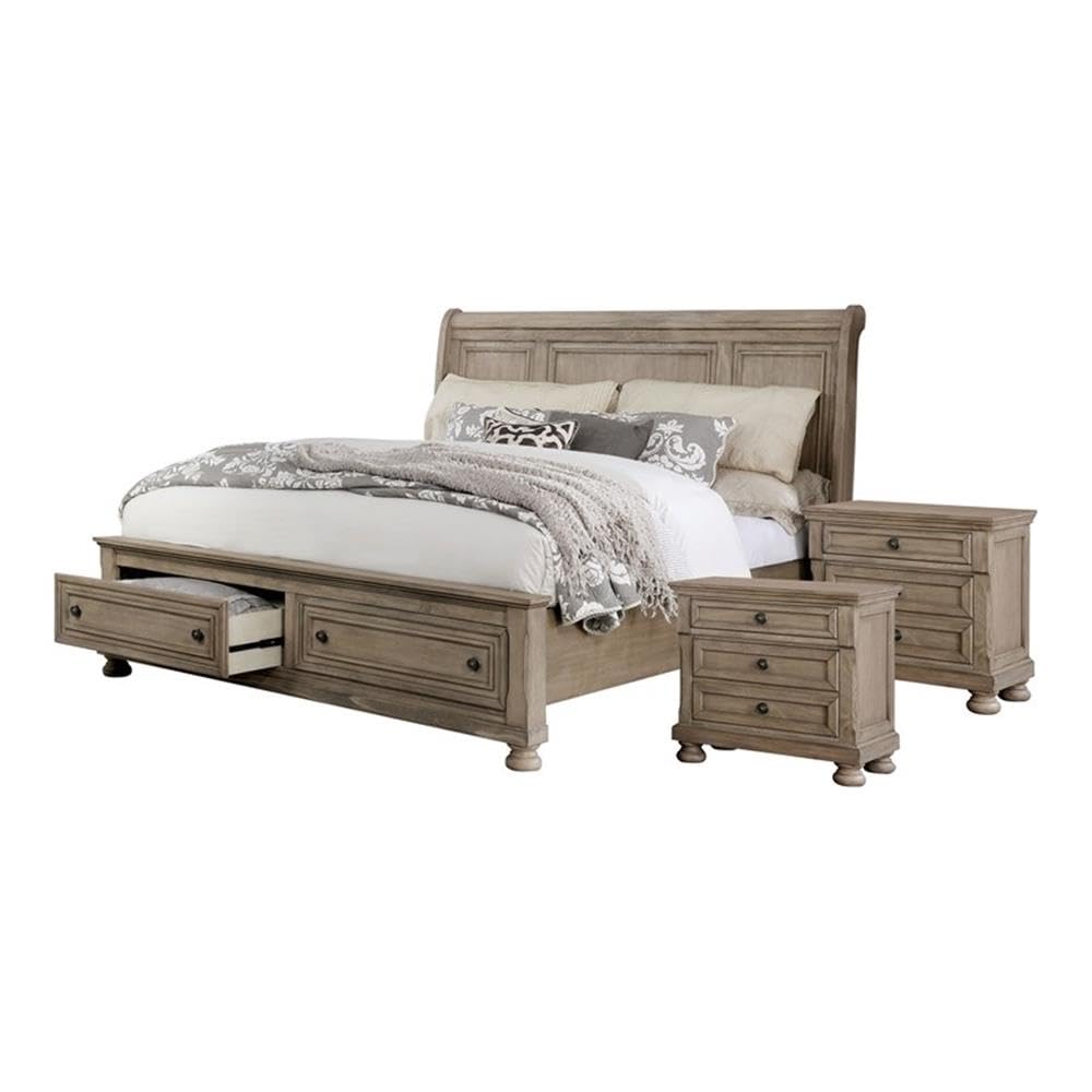 FOA Frigga Transitional 3-Piece Gray Wood Bedroom Set - King Size Bed & 2 Nightstands | Modern Bedroom Furniture for Master Suite & Guest Room