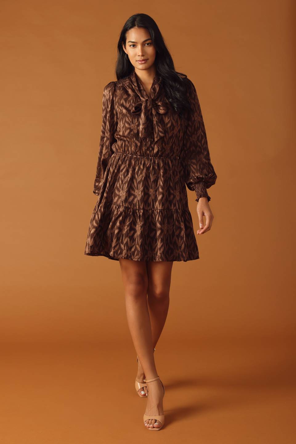 Falling Leaves Brown Long Sleeve Mini Dress - Elegant Autumn Fashion for Women, Perfect for Fall Weddings, Date Nights and Seasonal Photoshoots