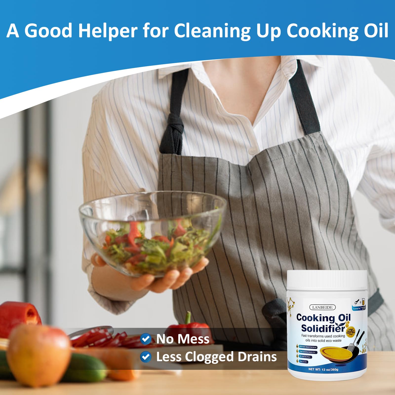LANBEIDE Plant-Based Cooking Oil Solidifier Powder - Solidifies Up to 36 Cups (13 Oz) | 100% Natural Oil Hardener for Easy Kitchen Waste Disposal | Perfect for Deep Fryers, Pans & Grease Traps