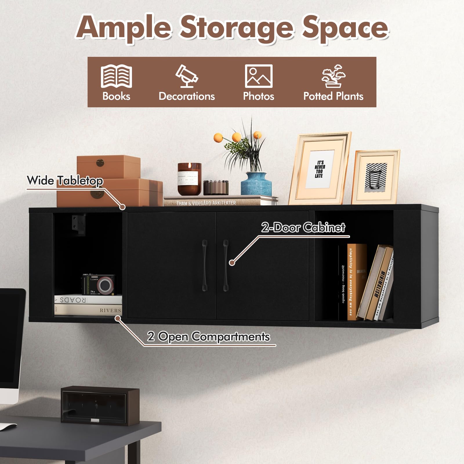 Giantex Wall Mounted Storage Cabinet - 2 Cube Floating Media Console with 2 Doors & 2 Open Shelves - Space Saving Organizer for Home Office, Kitchen, Bathroom & Living Room - Perfect for Storing Books, Decor & Electronics (Black)