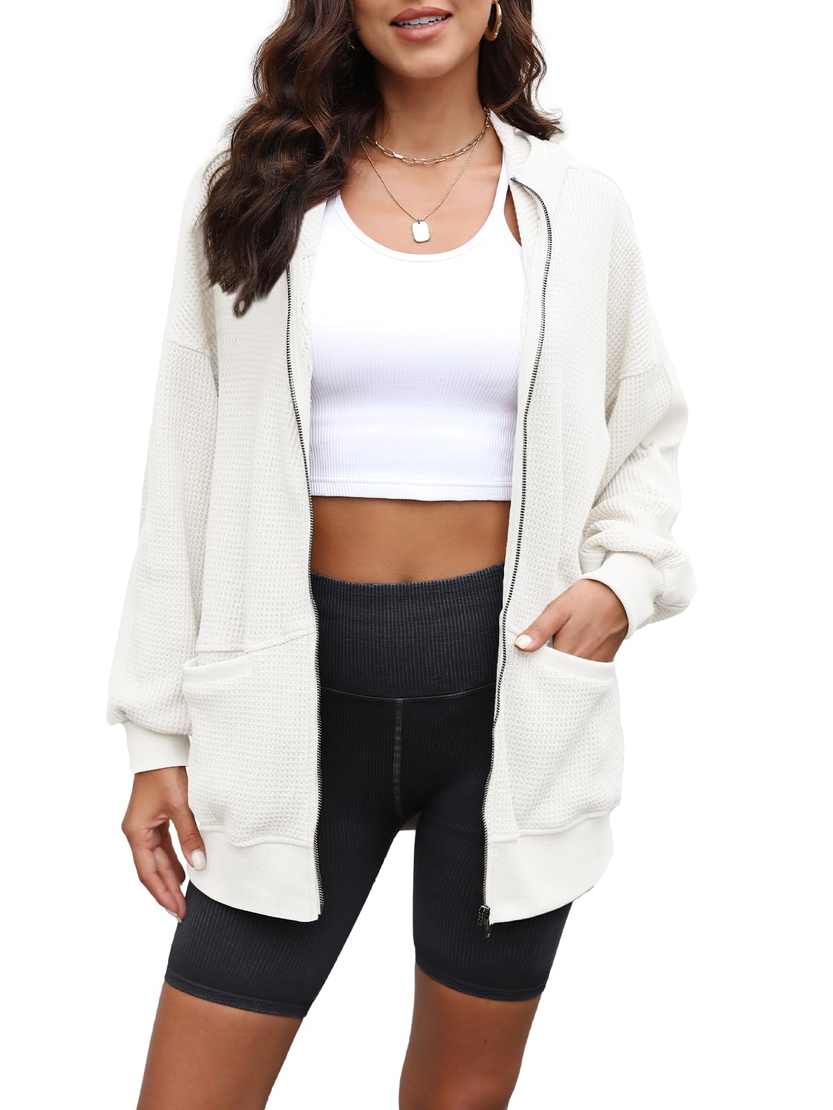 Yanekop Women's Oversized Zip-Up Hoodie Jacket - Waffle Knit Shacket Coat with Pockets | Cozy Fall & Winter Outerwear for Casual Outings, Layering, and Street Style Fashion