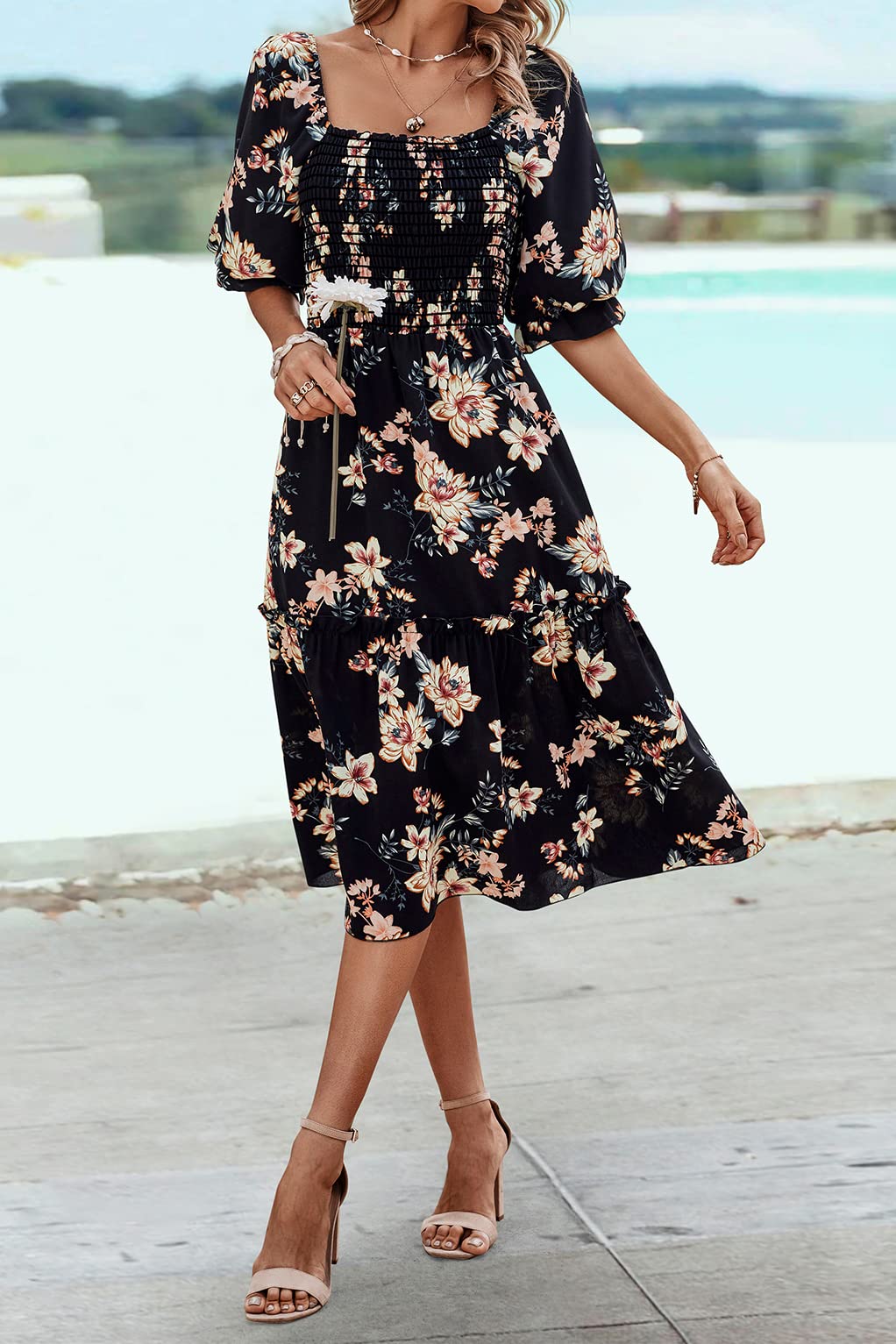 PRETTYGARDEN Women's Summer Casual Dress 2025 - Puff Sleeve Square Neck A-Line Flowy Boho Floral Smocked Midi Dress for Spring/Summer, Beach Vacation, Date Night & Outdoor Parties