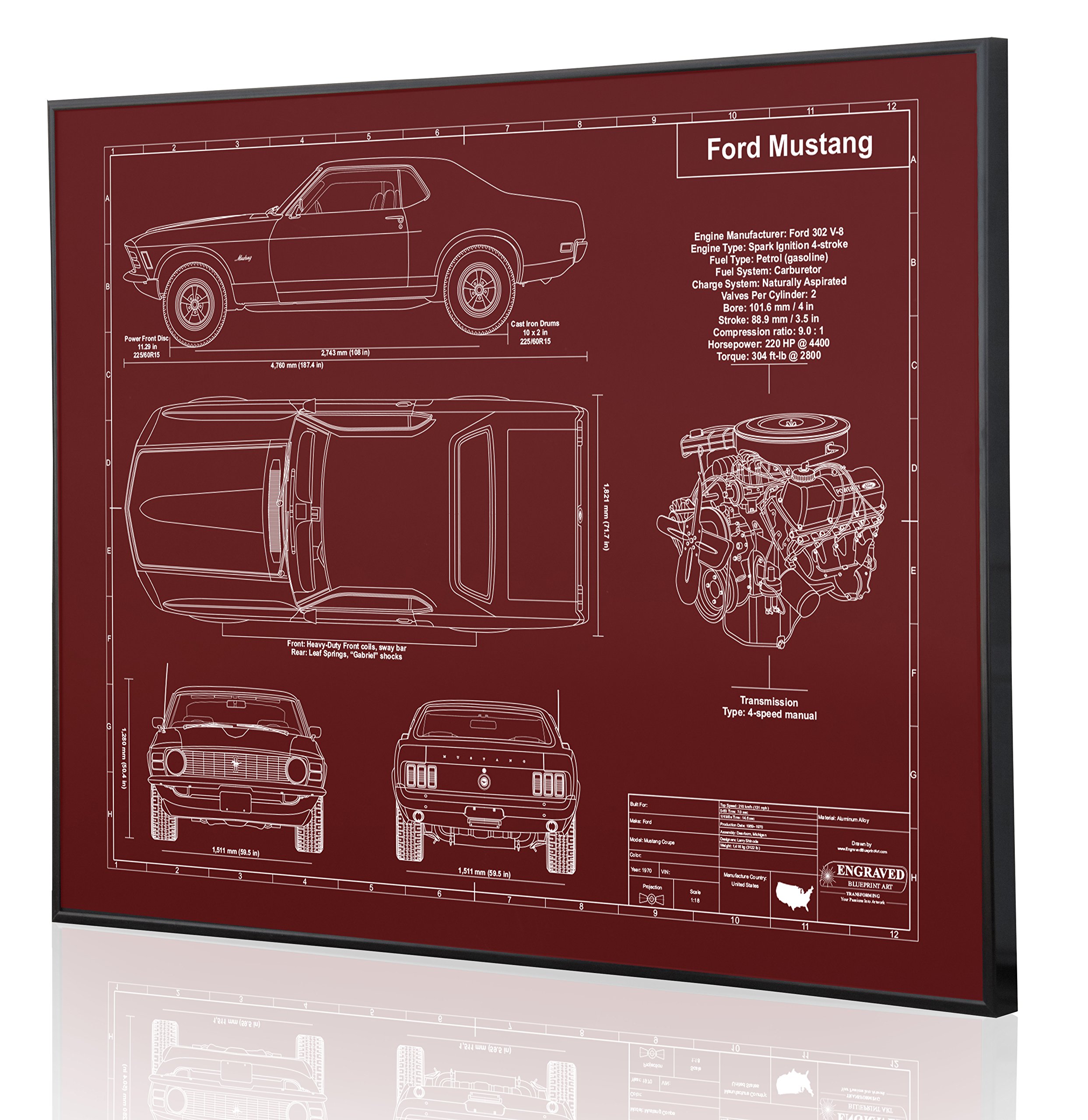 1970 Ford Mustang Blueprint Artwork - Laser Engraved & Personalized Gift for Ford Enthusiasts - Perfect for Home, Office Decor & Car Lover Presents