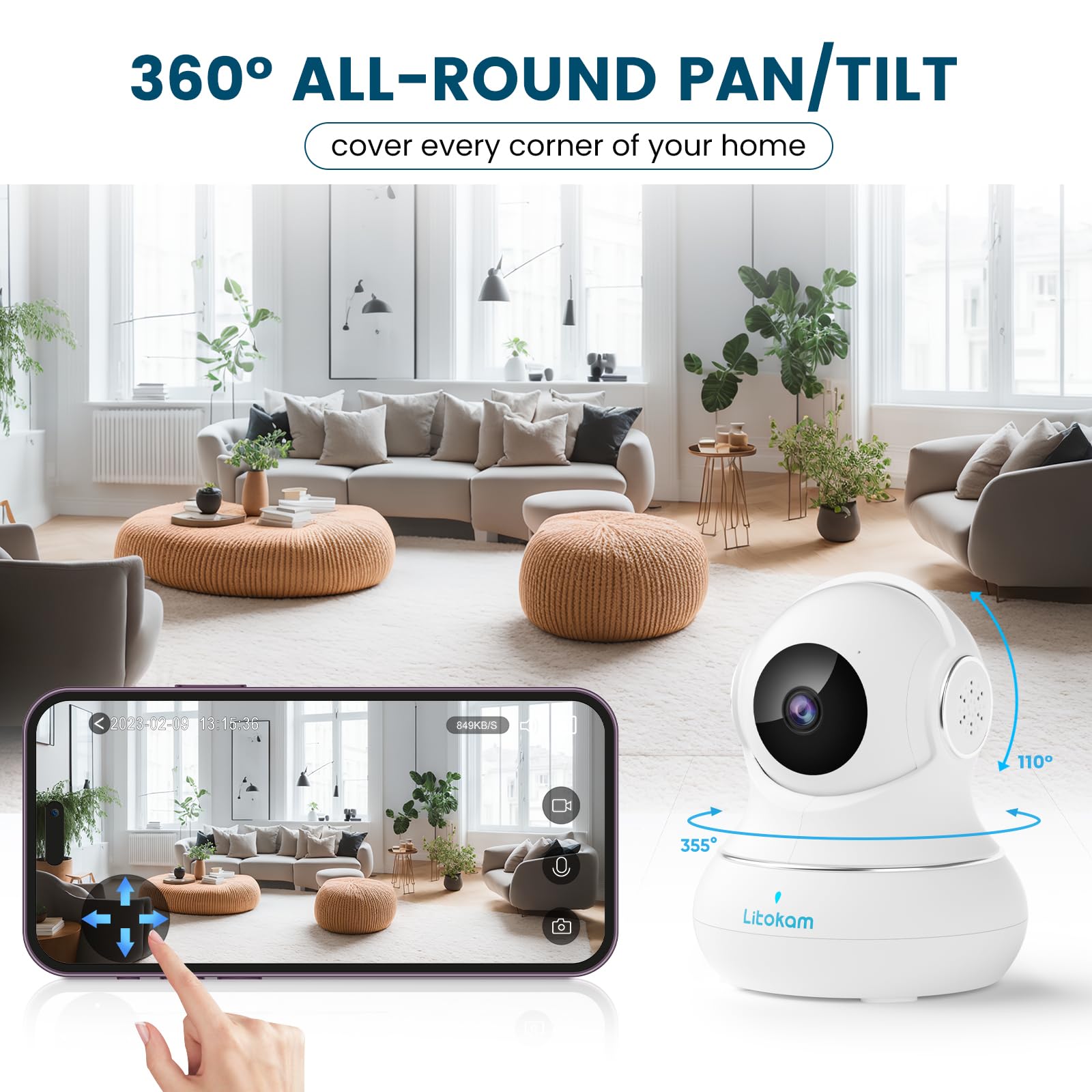 Litokam 5MP Indoor Security Camera - 2.4/5GHz Dual Band WiFi Pet & Baby Monitor - Alexa Compatible Home Surveillance Camera for Dogs, Babies & Home Protection - Perfect for Nursery, Living Room & Pet Areas