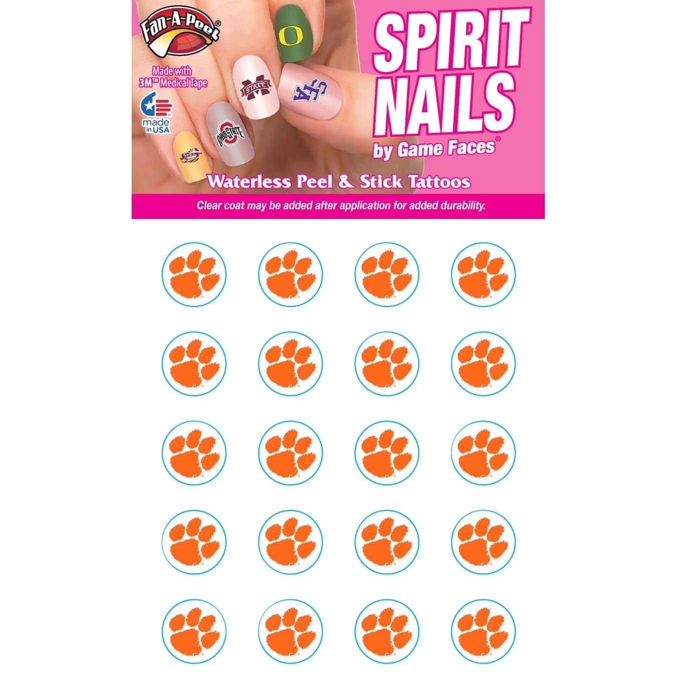 Clemson Waterless Peel & Stick Temporary Fingernail Tattoos - 20 Pack of Easy Apply Nail Stickers for Game Day, Parties & Special Events - Spirit Nails