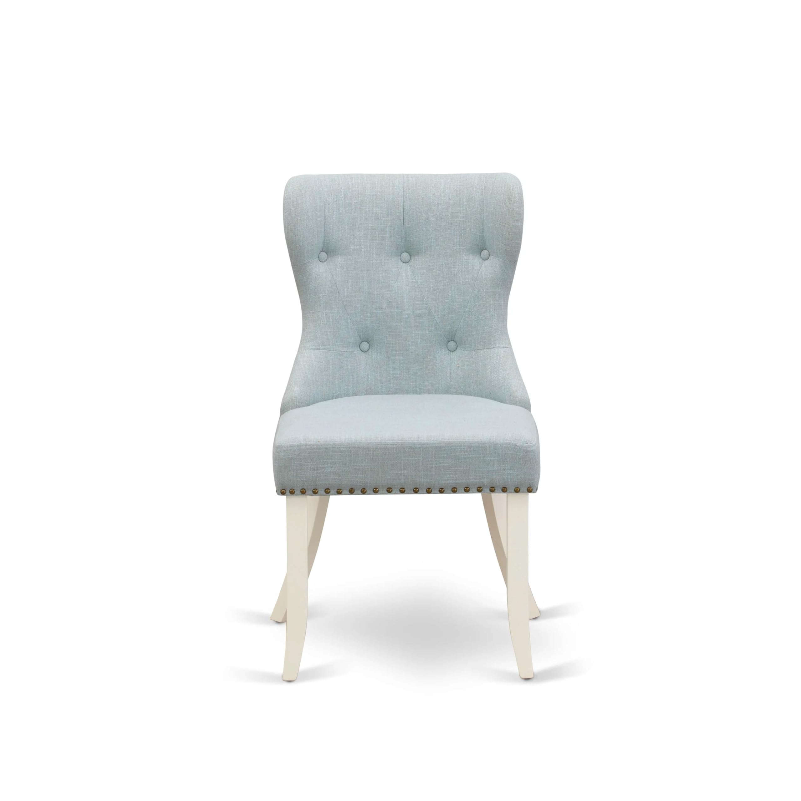 East West Furniture 3-Piece Round Dining Table Set with Pedestal Base & 2 Baby Blue Linen Parsons Chairs - 36x36 Inch Small Space Kitchen Table in Linen White - Perfect for Apartments, Breakfast Nooks & Cozy Dining Areas