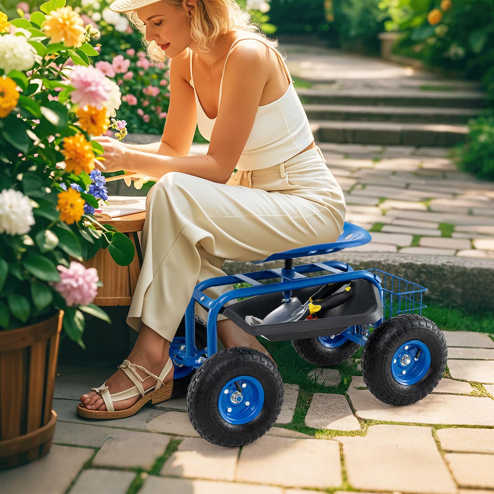 Giantex 360° Swivel Rolling Garden Work Seat with Wheels & Tools Basket - Adjustable Height Gardening Cart for Patio, Lawn, Yard - Outdoor Steerable Stool for Planting, Weeding & Landscaping (Blue)