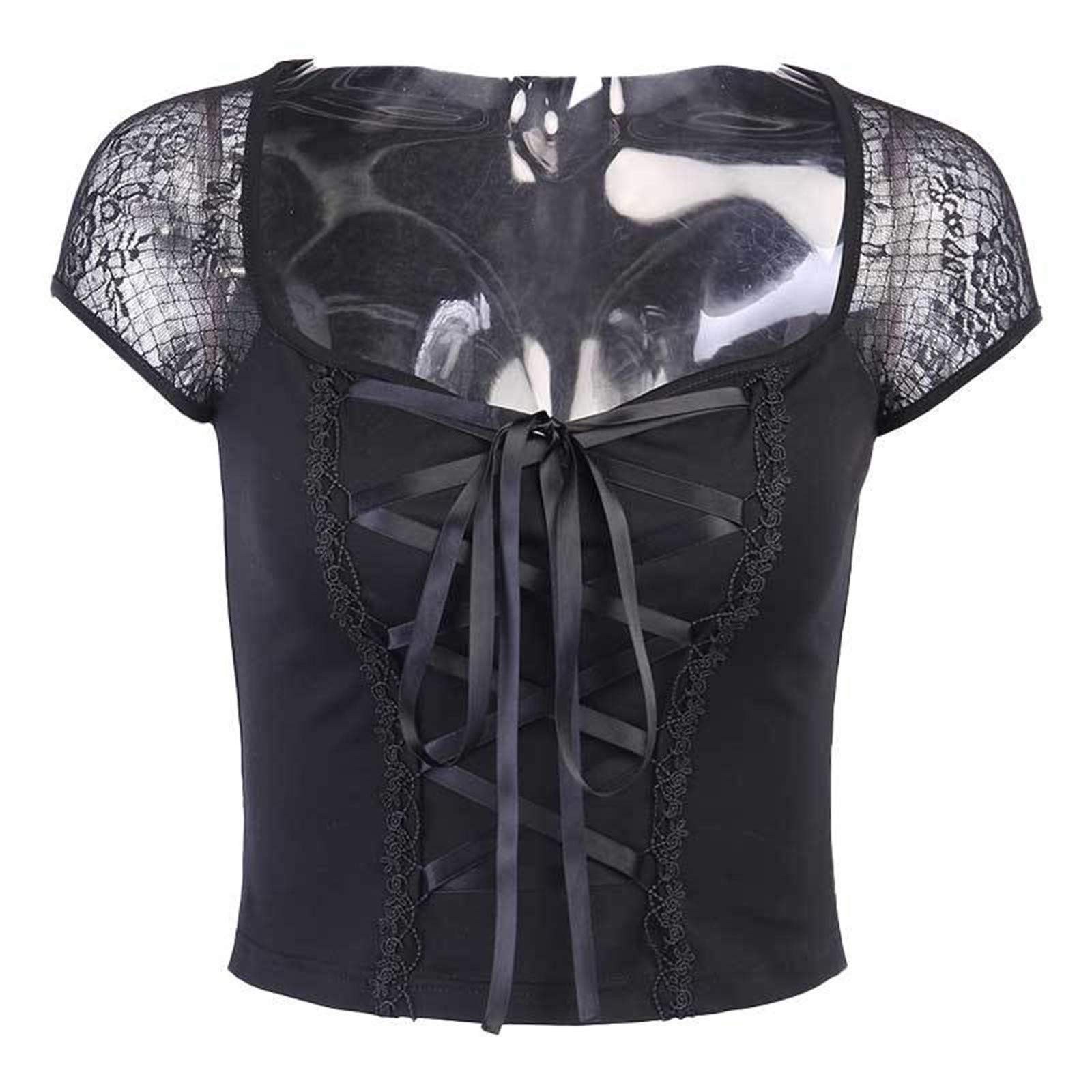 FEESHOW Women's Gothic Lace Up Crop Top - Sexy Y2K Slim Fit Camisole Tee for Casual Wear, Night Out & Festival Fashion