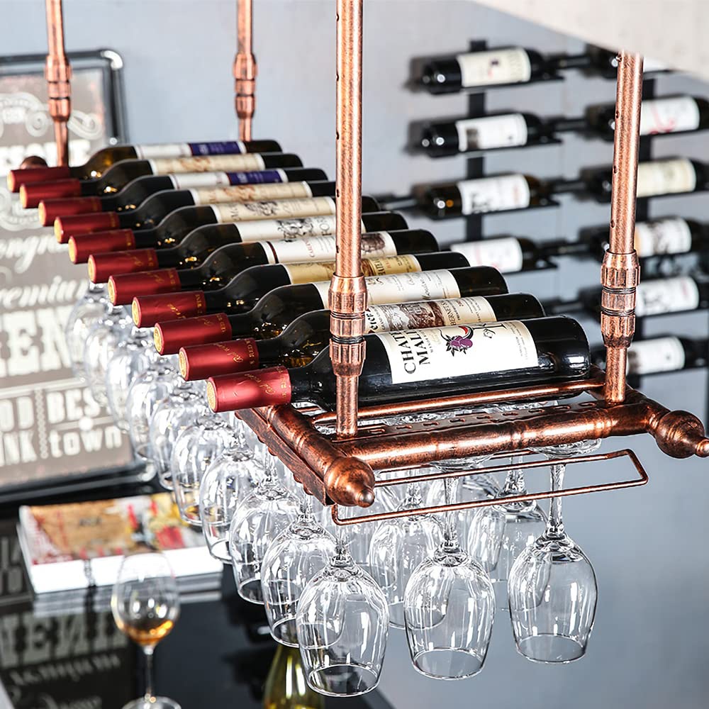 Rustic Wall Mounted Wine Rack with Adjustable Hanging Bar & Glass Holder - 47.2 Inch Bottle Shelf for Kitchen, Bar, Dining Room - Perfect for Home Decor & Wine Storage Organization