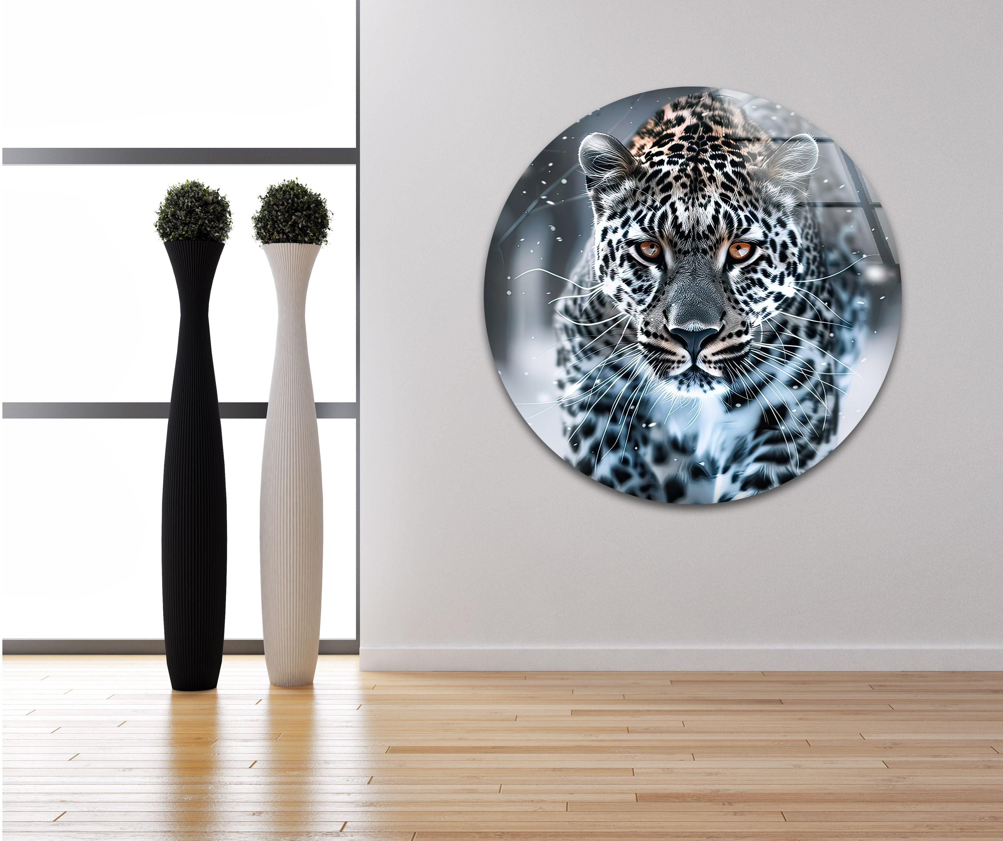 Black and White Leopard Glass Wall Art - Modern Home Decor for Living Room, Bedroom & Office - Elegant Abstract Animal Print Wall Hanging