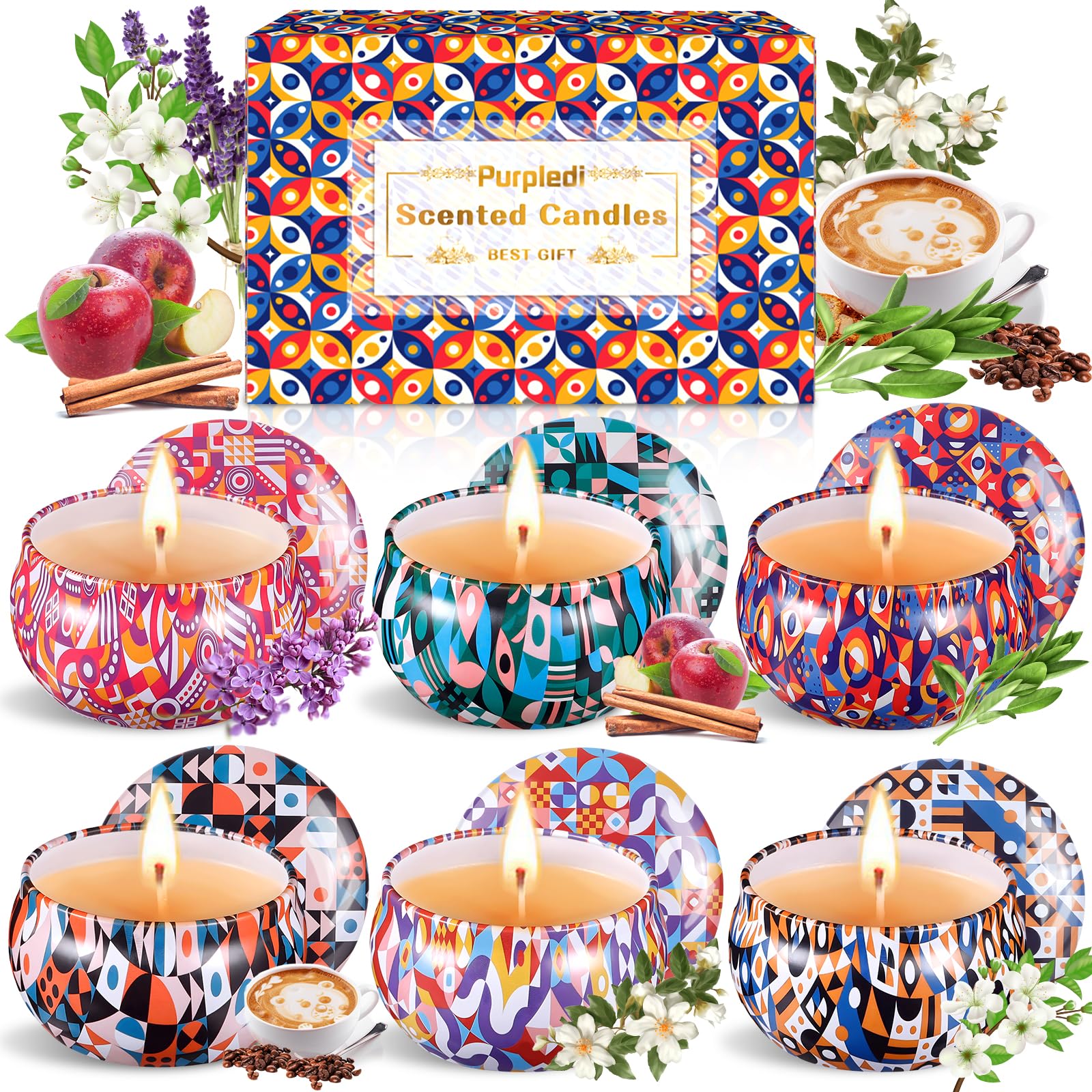 PurpleDi 6-Pack Scented Soy Wax Candles Gift Set - Aromatherapy for Relaxation, Meditation, Yoga & Home Decor - Perfect for Mother's Day, Birthday, Christmas & Spa Gifts (Lavender, Vanilla, Rose Scents)