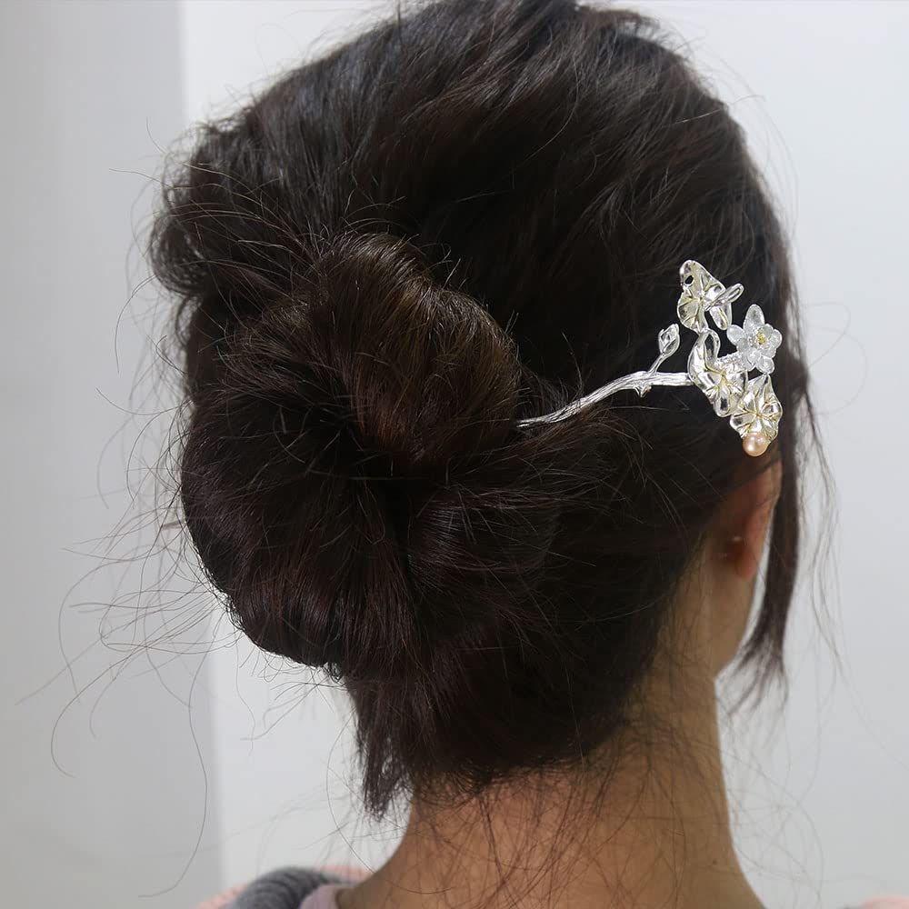 Handmade Sterling Silver S925 Hair Fork for Buns & Updos - Summer Lotus Hair Pins for Long Hair - Elegant Hair Sticks with Gift Box - Perfect for Weddings, Parties & Everyday Styling