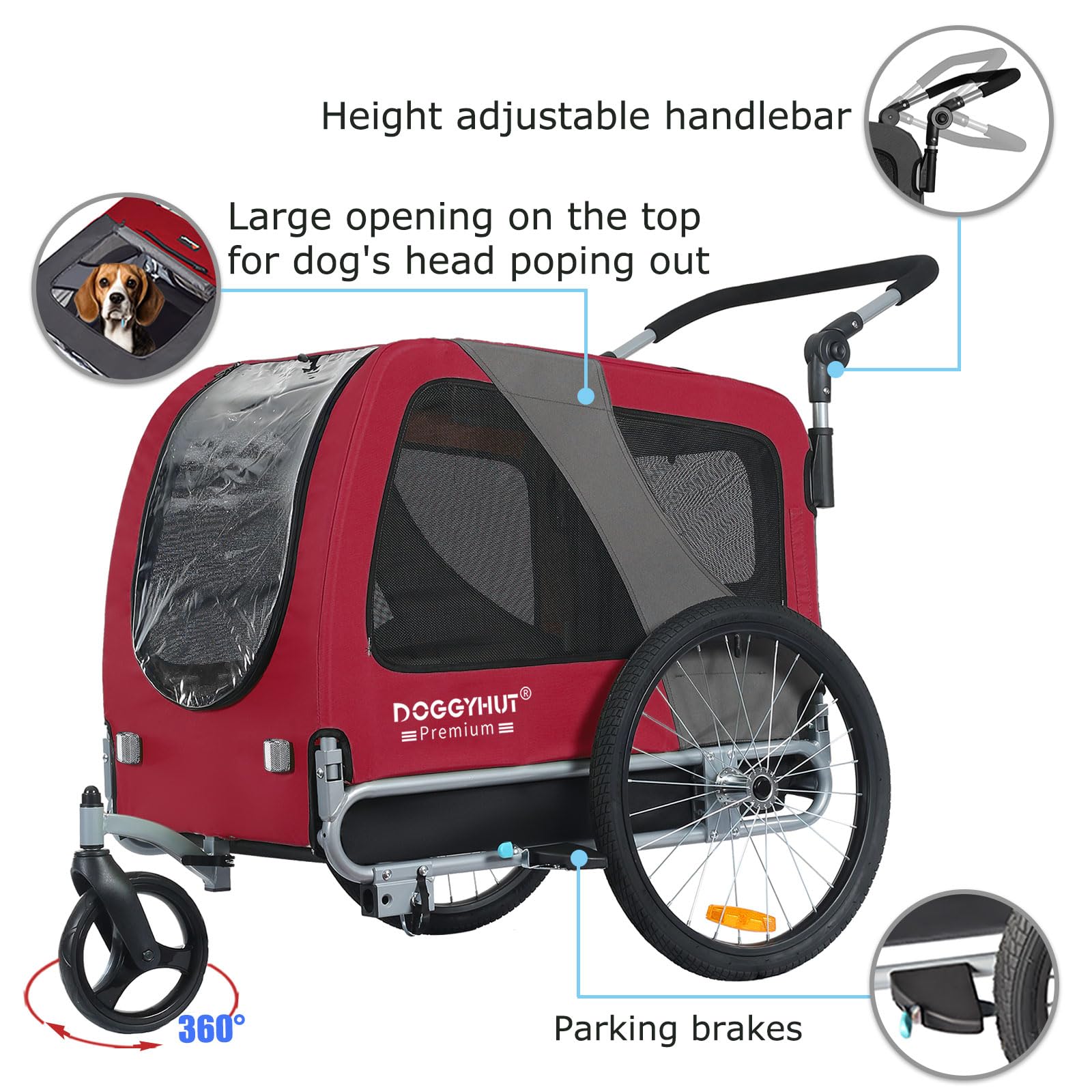 DOGGYHUT® Premium Large/XL Pet Bike Trailer & Stroller - Heavy Duty Bicycle Carrier for Large Dogs or Multiple Small Pets - Low Center Gravity, Parking Brakes, Easy Fold Frame - Perfect for Cycling, Jogging, Park Outings & Outdoor Adventures