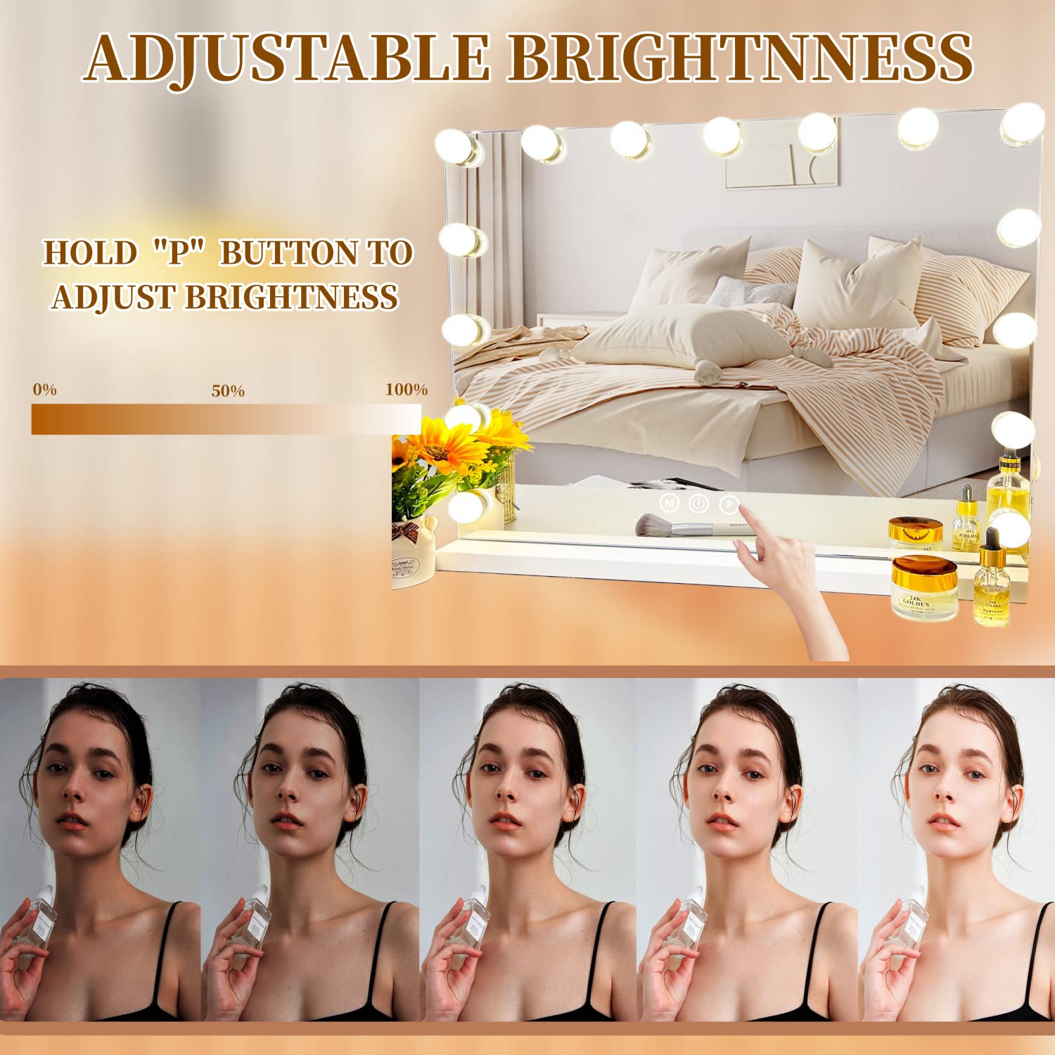 Vanity Mirror with Lights - 15 Dimmable LED Bulbs, 3 Color Lighting Modes, 10x Magnification & 360° Rotation for Makeup & Skincare | Perfect for Dressing Room, Bedroom & Bathroom (Off White)