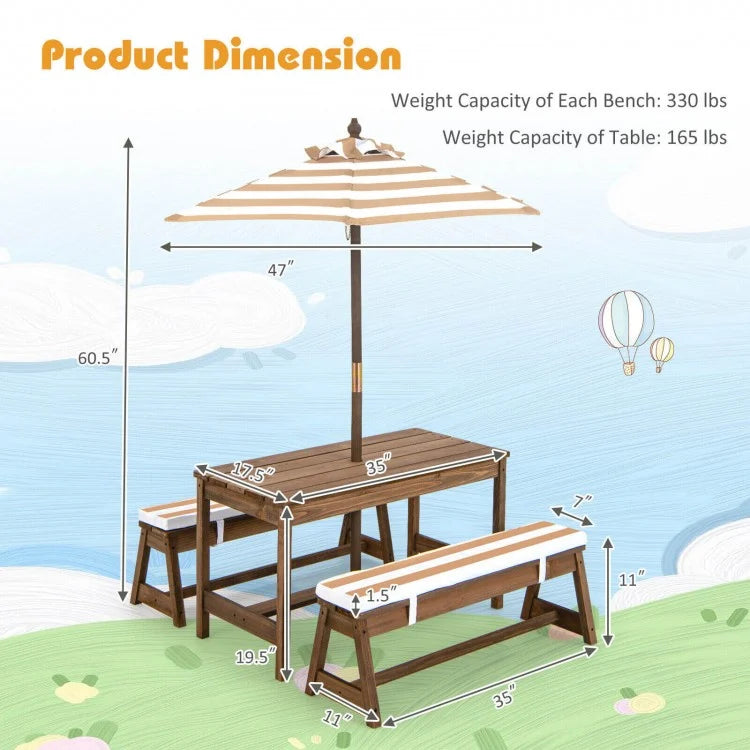 Adjustable Kids Picnic Table Set with Bench & Cushions - Outdoor Play, Garden, Patio Furniture for Children - Brown Height-Adjustable Umbrella Included