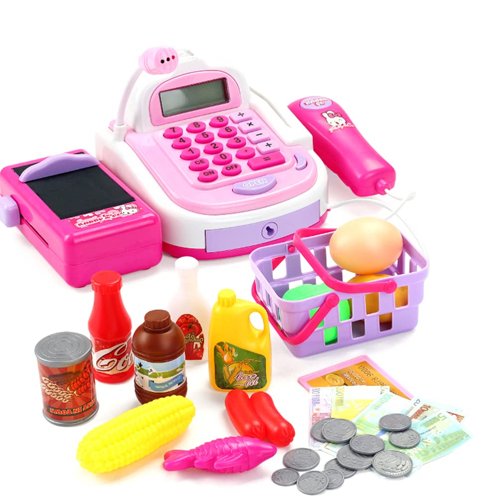 Balacoo Electronic Cash Register Toy - Pretend Play Supermarket Set with Scanner, Play Money & Credit Card Machine | STEM Learning Toy for Kids Boys & Girls | Perfect Gift for Role-Playing Store Games (Pink)
