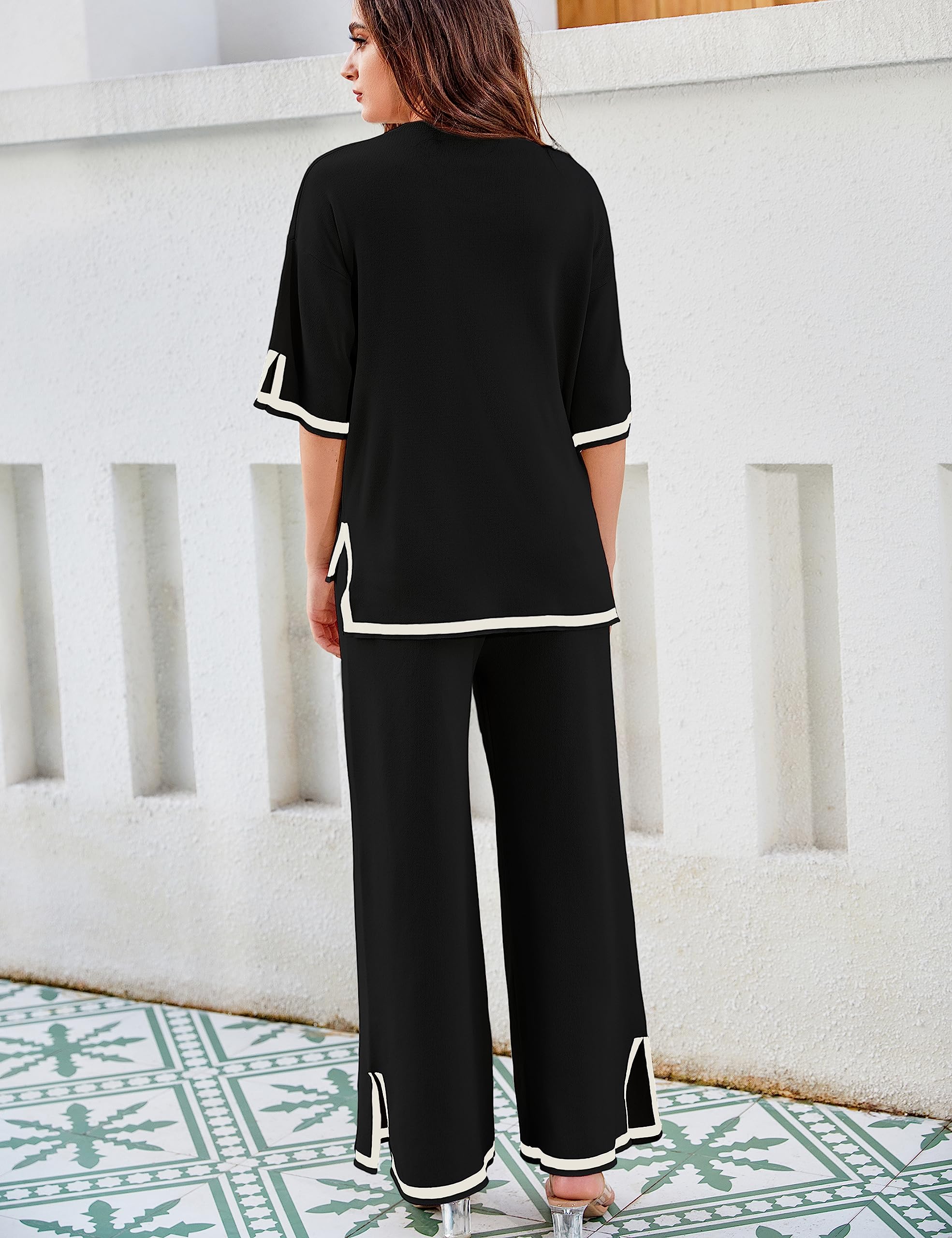 Tanming Women's 2-Piece Sweater Set - Short Sleeve Knit Pullover Top & Wide Leg Lounge Pants | Soft Casual Outfit for Home, Travel & Coffee Dates