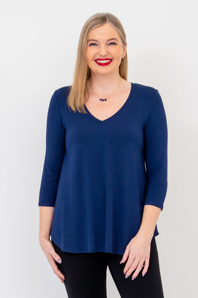 Jackie 3/4 Sleeve Women's T-Shirt - Soft Bamboo Fabric, Indigo Blue Color - Perfect for Casual Wear, Yoga & Everyday Comfort