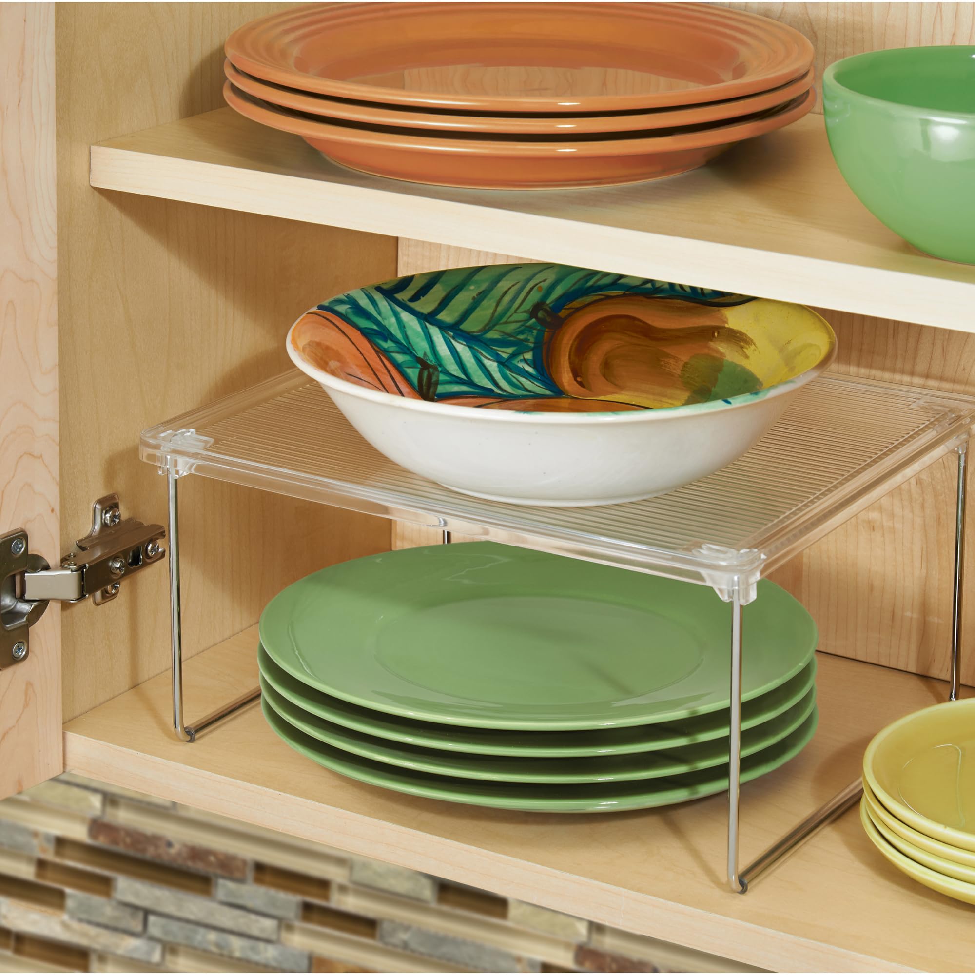 iDesign Stackable Kitchen Shelf - Plastic & Metal Cabinet Organizer for Dishes, Food, or Spices - Transparent & Silver - Perfect for Pantry, Countertop, and Small Space Storage