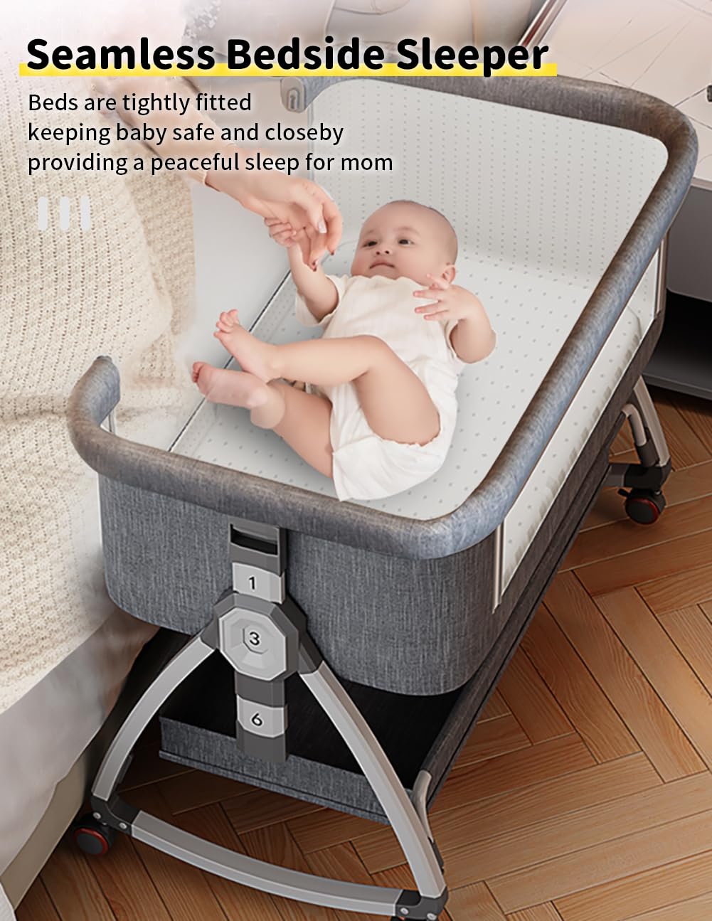 Bonbay 4-in-1 Portable Baby Bassinet with Wheels, Mosquito Net & Storage Basket - 6 Height Adjustable Bedside Sleeper for Newborns | Perfect for Nursery, Bedroom & Travel Use
