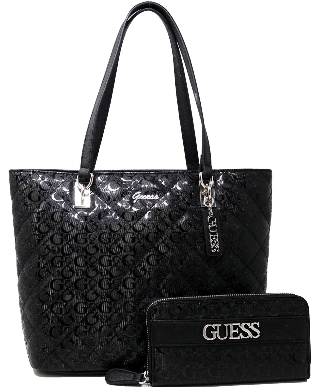 GUESS Women's Patent Leather Logo Tote Bag & Wallet Set - Black | Stylish Work Bag, Travel Purse & Everyday Carryall for Women