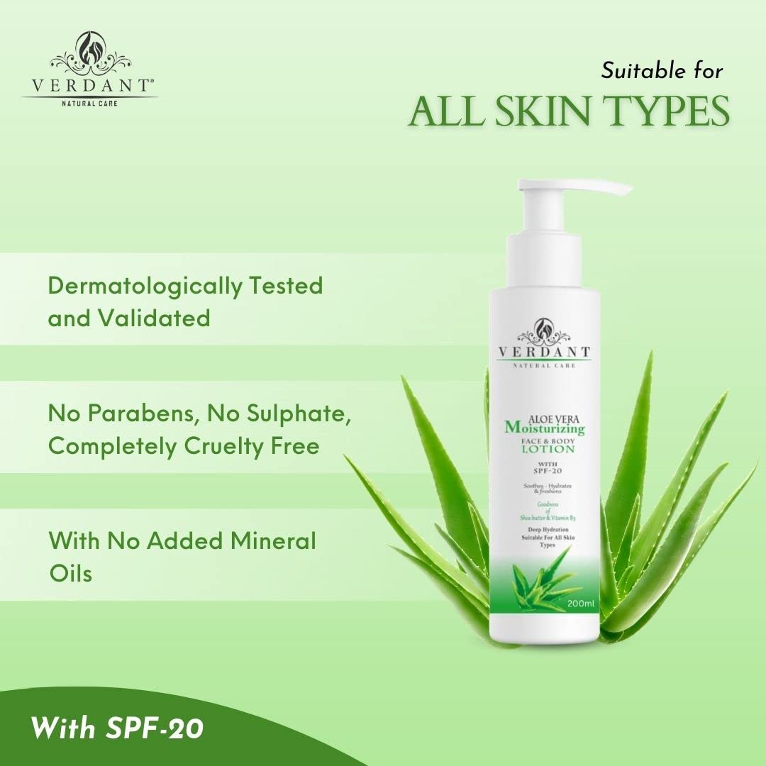 Verdant Natural Care Aloe Vera Moisturizing Body Lotion SPF 20 | Deep Hydration & Soothing Lotion for Dry Skin | Paraben-Free, Silicone-Free | 200ml | Perfect for Daily Moisturizing, Sun Protection & After-Sun Care