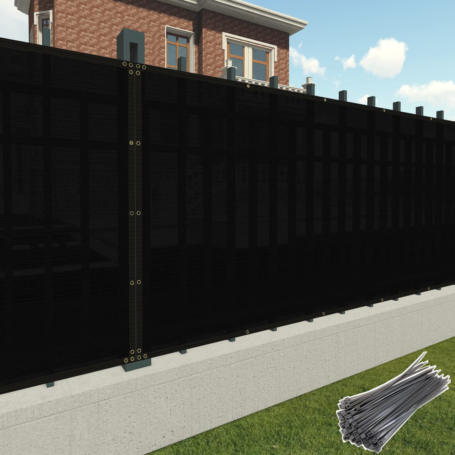 5' x 154' Black Commercial Grade Privacy Screen Mesh Shade Fabric with Brass Grommets - Heavy Duty Outdoor Windscreen for Patio, Pool, Garden Fence & Backyard Privacy Protection - Includes Zip Ties for Easy Installation