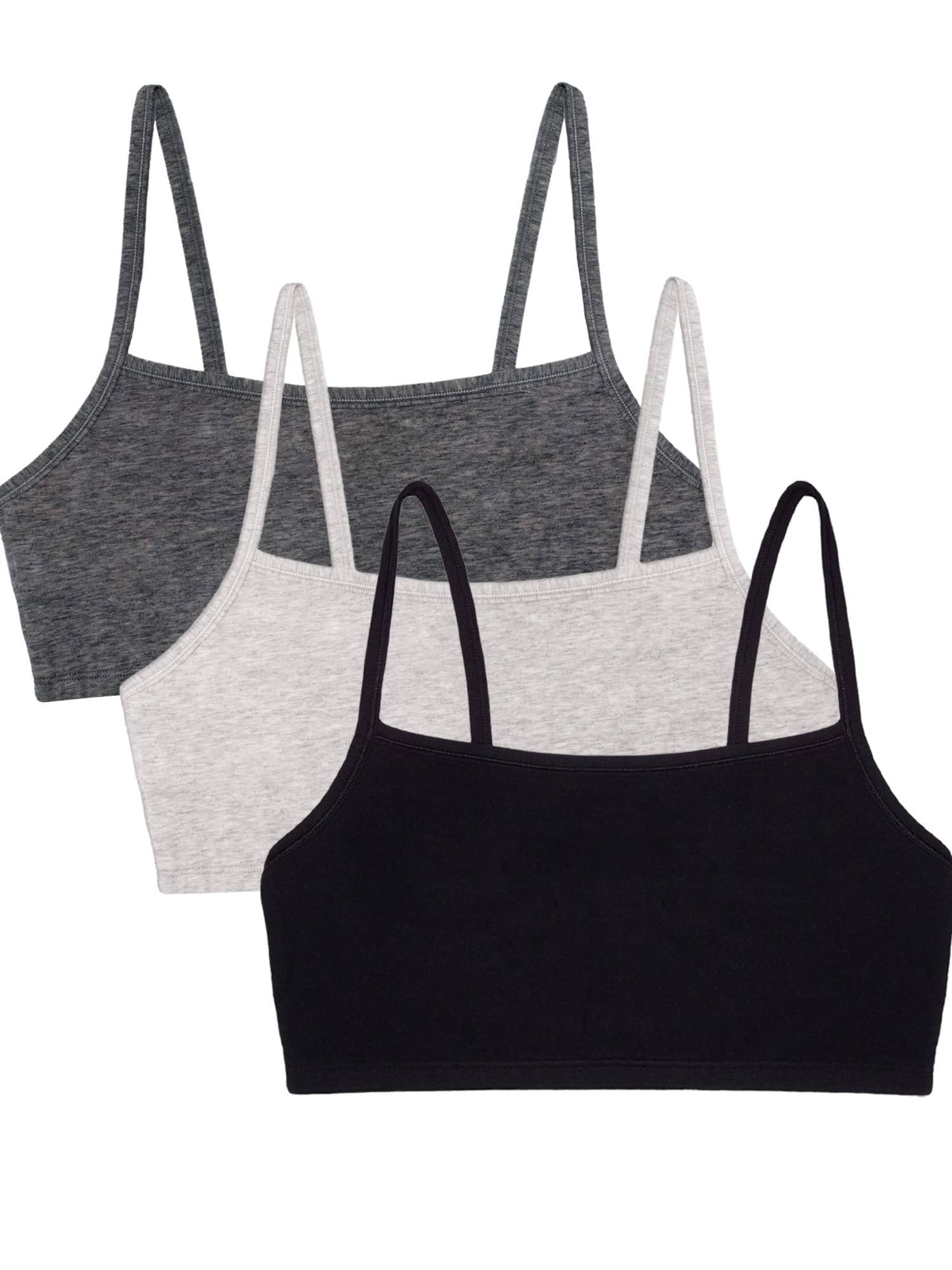 Fruit of The Loom Women's 3 Pack Cotton Sports Bras - Comfortable Spaghetti Strap Pullover Bralette for Yoga, Gym & Everyday Wear
