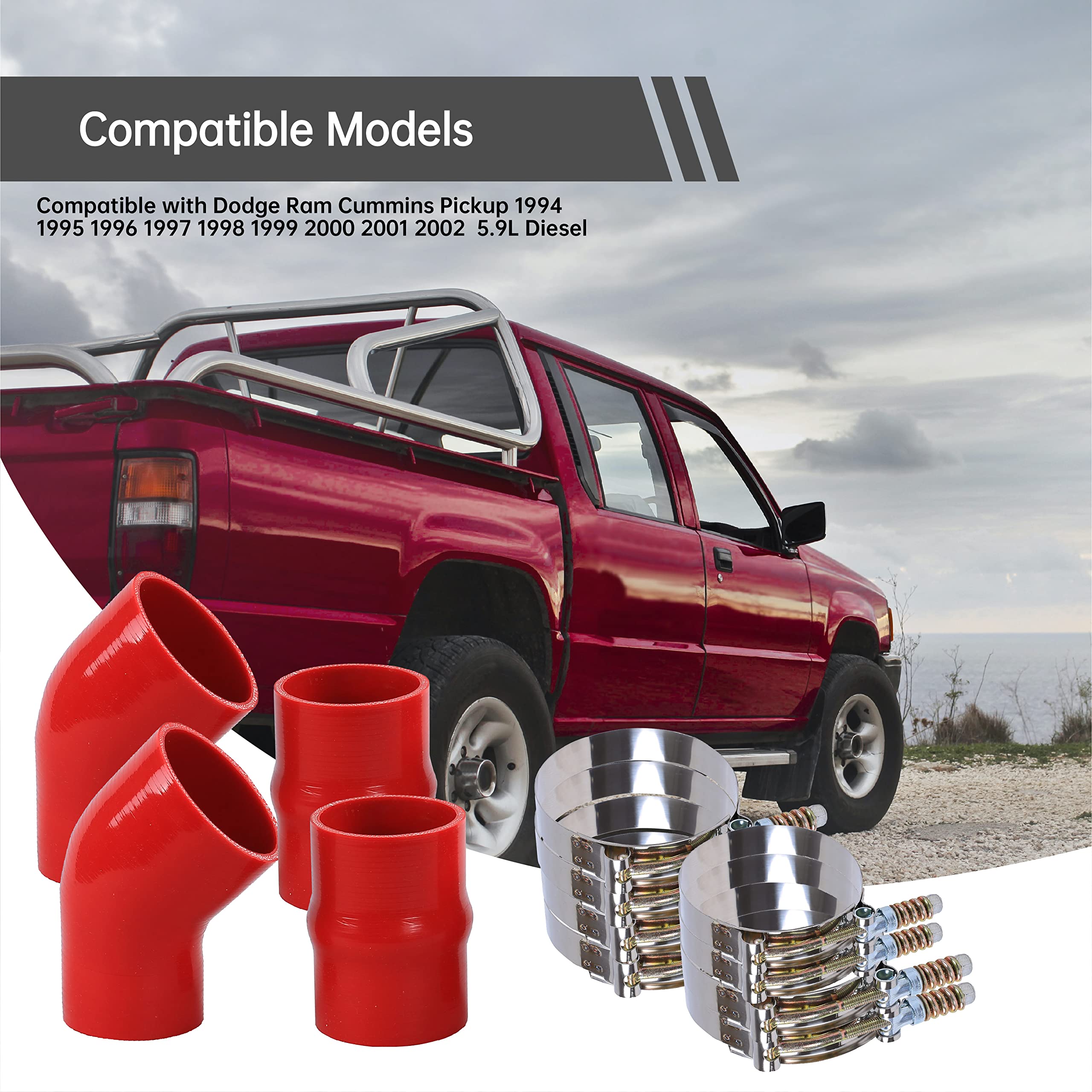 5.9L Silicone Intercooler Boot Kit with Heavy-Duty Clamps - Compatible with 1994-2002 Dodge Ram 5.9L Cummins Diesel Engine - Red Color Upgrade - Perfect for Turbocharged Performance & Off-Road Truck Modifications