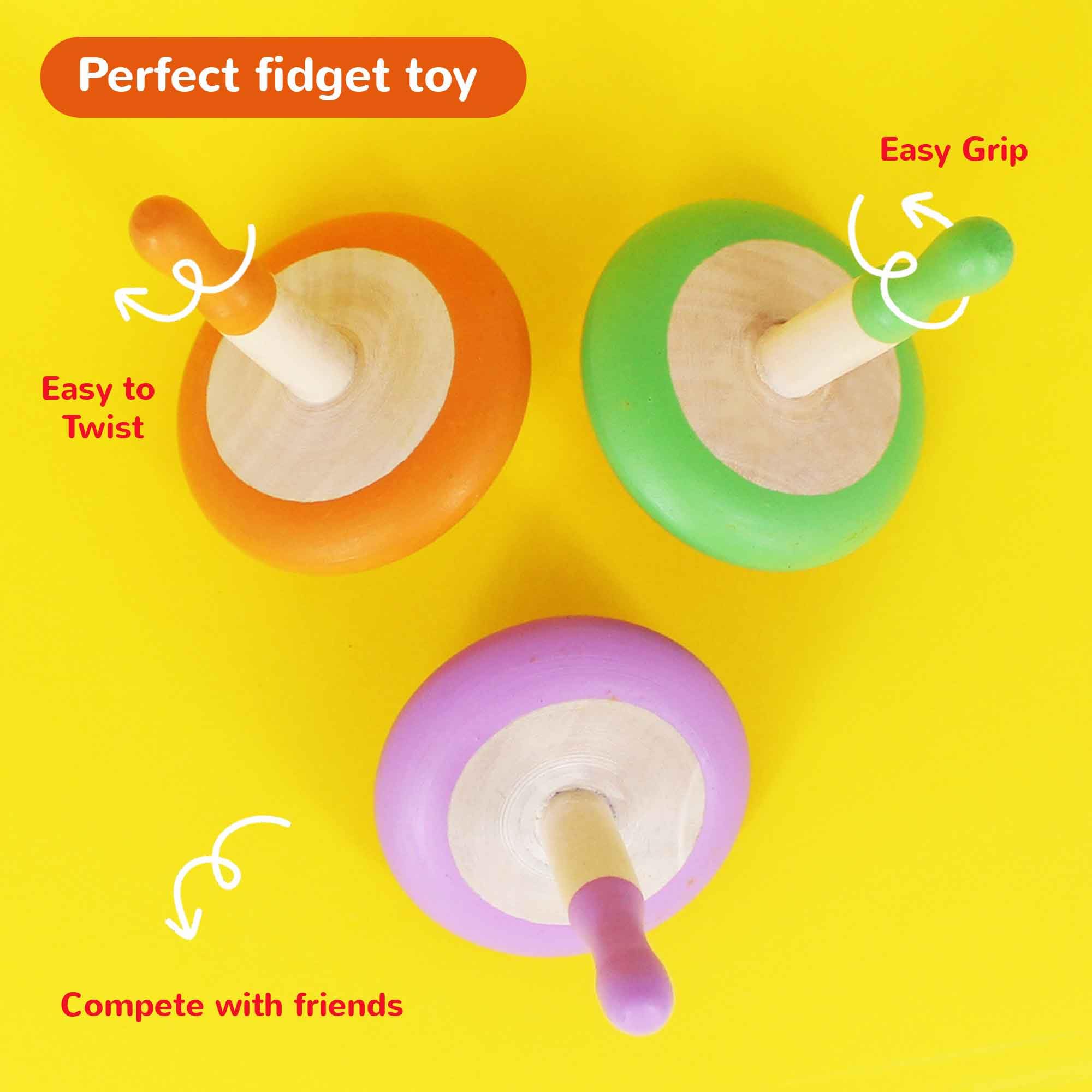 Shumee Handmade Wooden Set of 3 Spin Tops (Purple, Orange, Green) - 100% Child Safe Gyroscope Fidget Spinner Sensory Toys for Kids | Classic Wooden Trompos for Birthday Party Favors, Stress Relief & Montessori Learning Activities