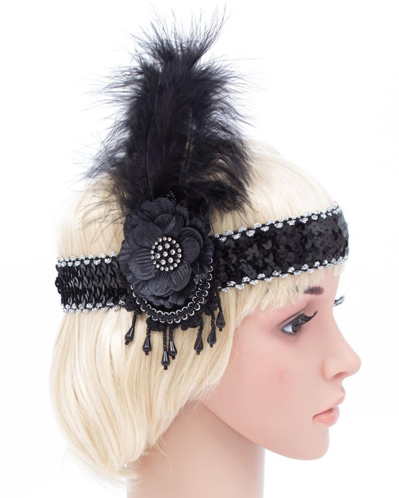 20s Black and Silver Feather Flapper Headband - Vintage 1920s Gatsby Headpiece for Women - Perfect for Roaring 20s Parties, Halloween Costumes & Themed Events