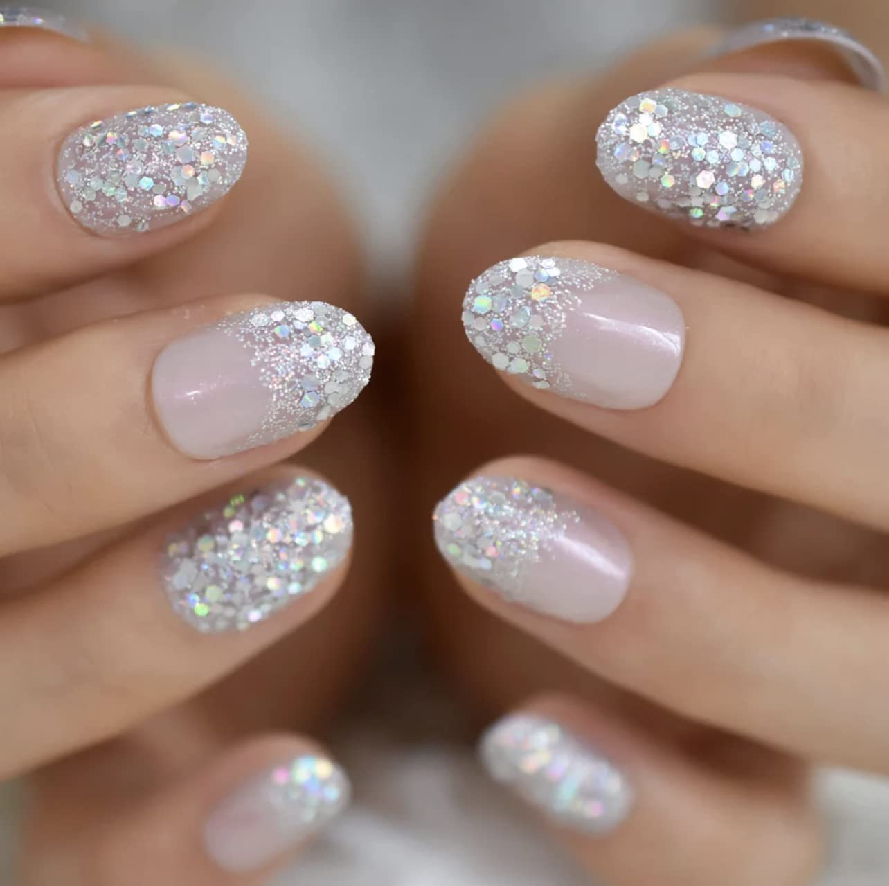 24 Pieces Glitter Light Purple Fake Nails with Adhesive & Glue - Long Lasting Press on Nails for Parties, Weddings, Special Occasions