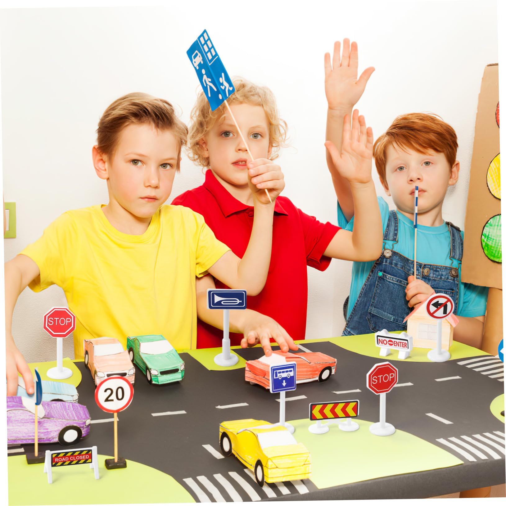 Toyvian 4-Piece Mini Road Construction Barricade Signs - Plastic Traffic Cones & Barriers for Toy Cars, Vehicles & Bus Playsets - Perfect for Kids' Construction Play Scenes & Toy City Decorations