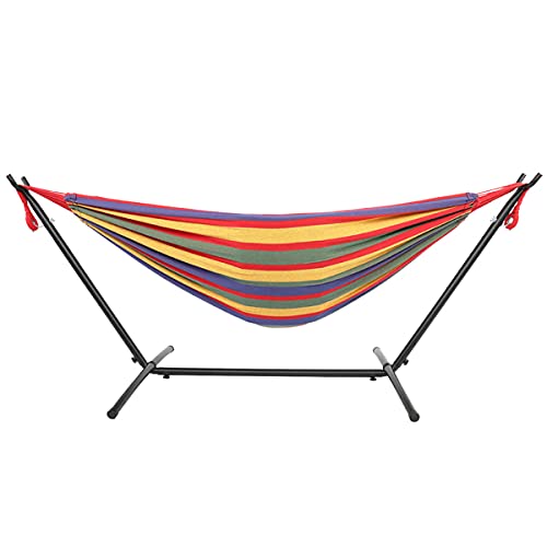 9ft Double Cotton Portable Hammock with Stand - Heavy Duty Space Saving Steel Frame (450 lb Capacity) - Red Striped Hammock with Rope - Perfect for Patios, Backyards, Camping & Outdoor Relaxation