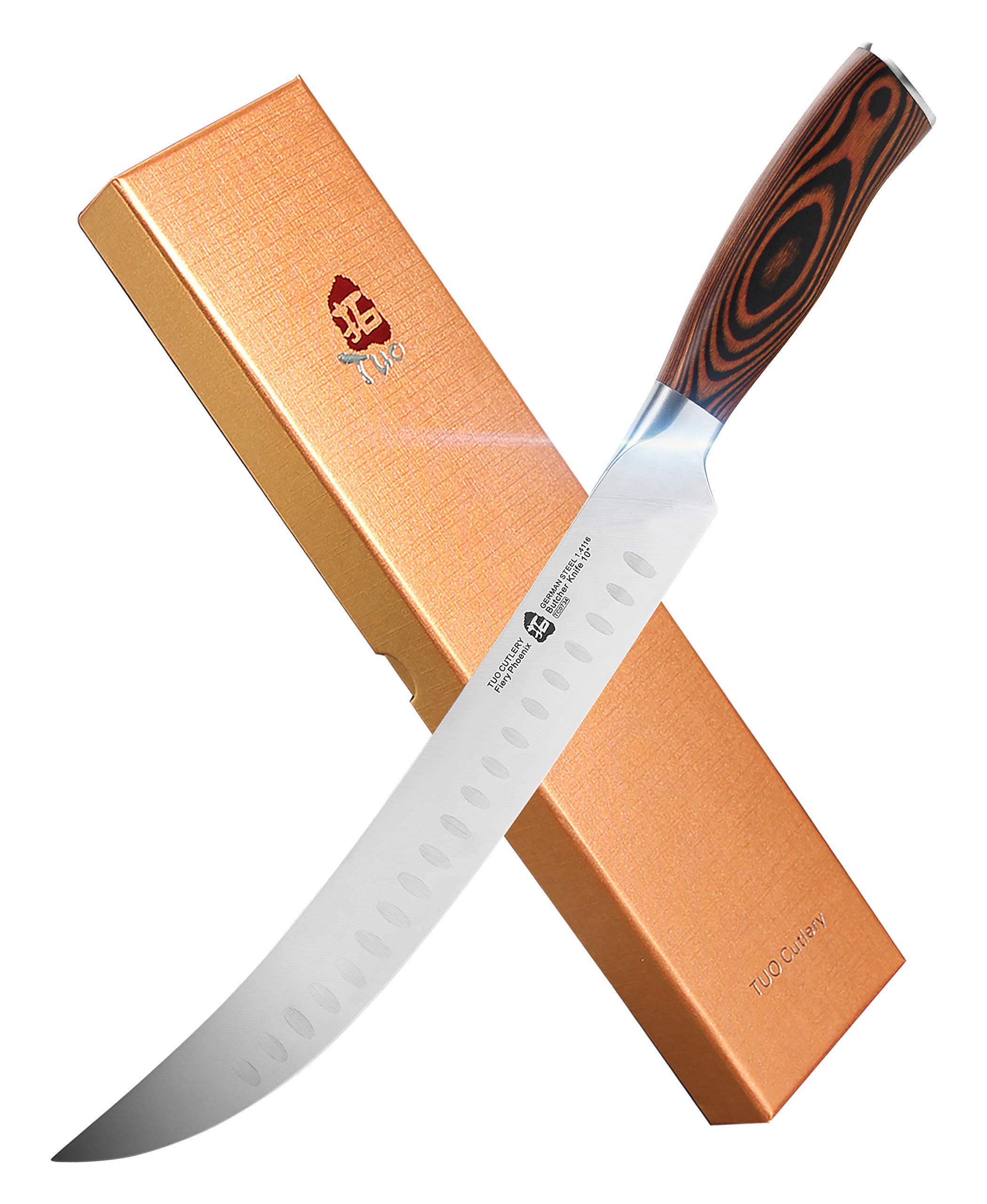TUO Cimitar Butcher Knife - 10 Inch Professional Curved Meat Cleaver for Breaking, Slicing & Carving - German High Carbon Steel Blade with Full Tang Pakkawood Handle - Fiery Series Gift Box (Perfect for Butchers, Chefs & BBQ Enthusiasts)