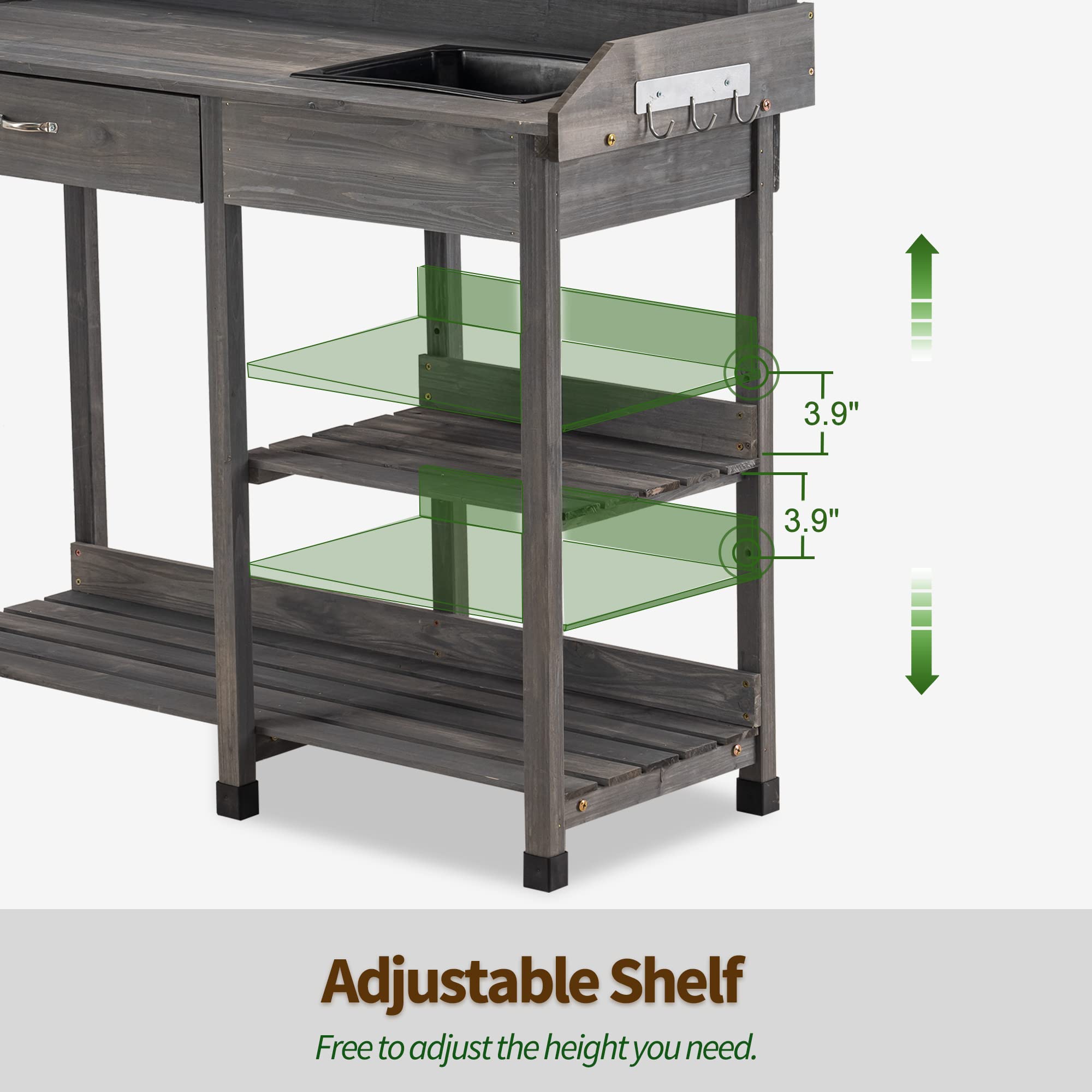 MCombo Outdoor Potting Bench with Dry Sink, Drawer & Storage Shelves - Natural Wooden Garden Workstation for Planting, Gardening - Perfect for Patio, Backyard, Porch & Greenhouse (Grey)