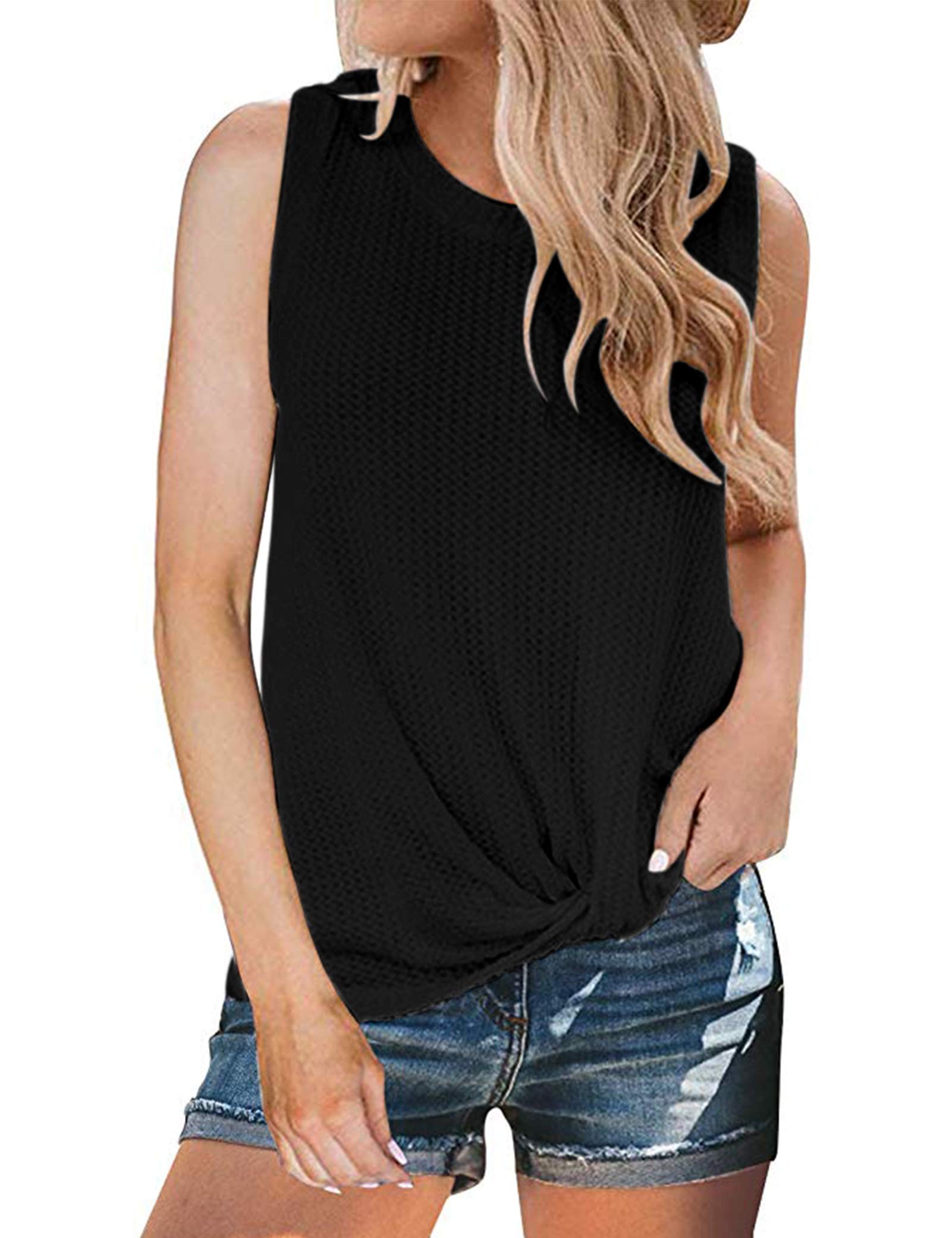 WNEEDU Women's Waffle Knit Twist Knot Tank Top - Sleeveless O-Neck Casual Tee Shirt for Summer, Beach, and Layering Outfits