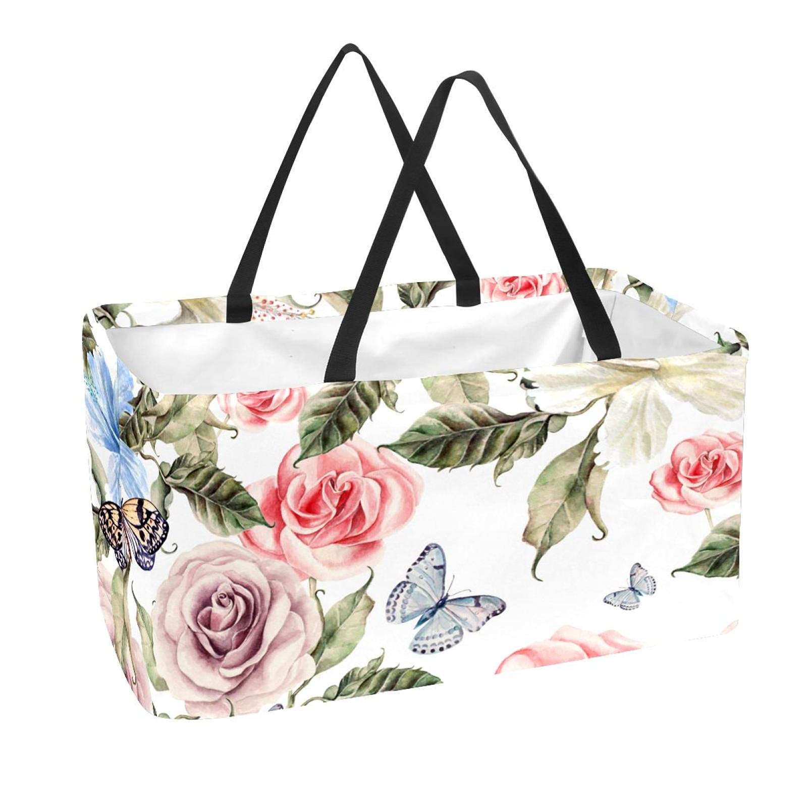 Large Washable Reusable Foldable Grocery Shopping Basket with Reinforced Bottom - Durable Rose Design for Supermarket, Farmers Market & Home Storage