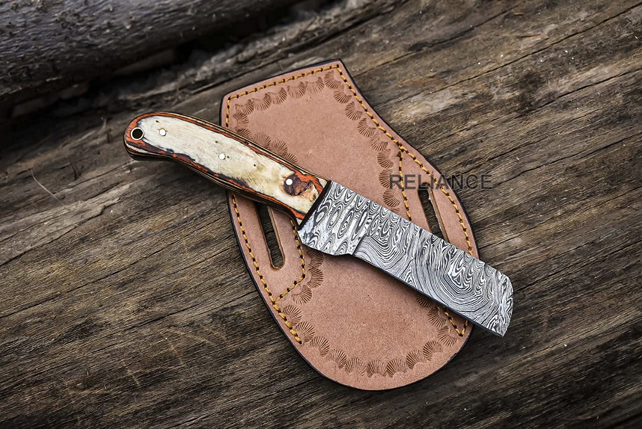 Premium Wanowa Cowboy Bull Cutter Knife - Hand Forged Damascus Steel EDC Pocket Knife with Leather Sheath - Perfect for Hunting, Camping & Outdoor Adventures