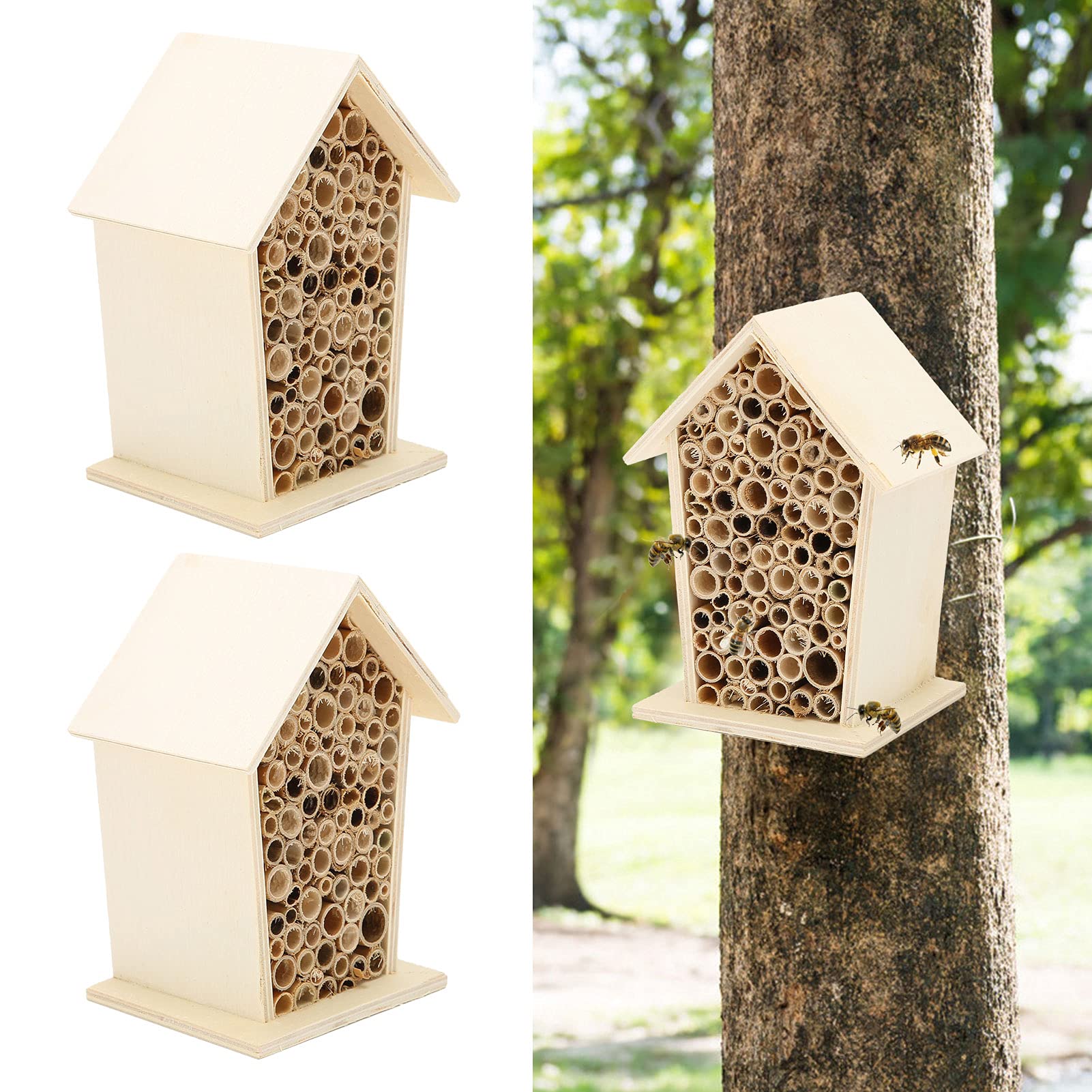 2 Pack Wooden Insect House for Bees & Butterflies - 5 Inch Natural Pollinator Hotel, Safe Bee Hive & Ladybug Shelter - Garden Decor for Outdoor, Backyard, Balcony & Wildlife Habitat