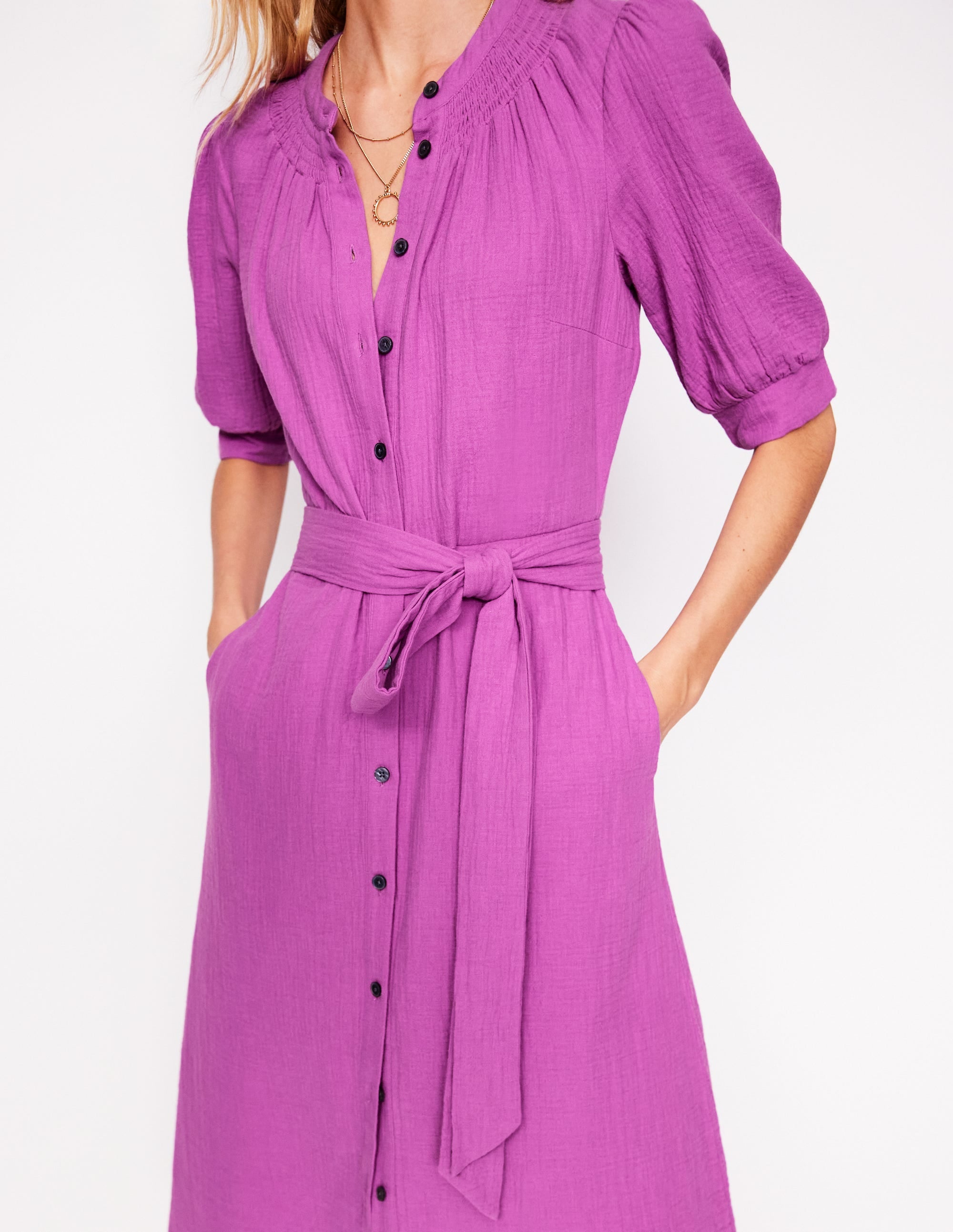 Ada Double Cloth Midi Dress in Foxglove Purple | Elegant Floral Print Women's Dress for Casual Wear, Office & Special Occasions