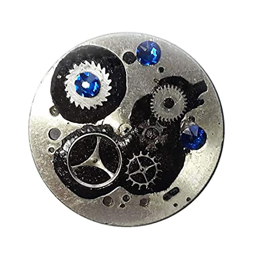 Steampunk Brooch Necklace - Silver Watch Cogs & Blue Swarovski Crystal for Gothic Fashion Accessories