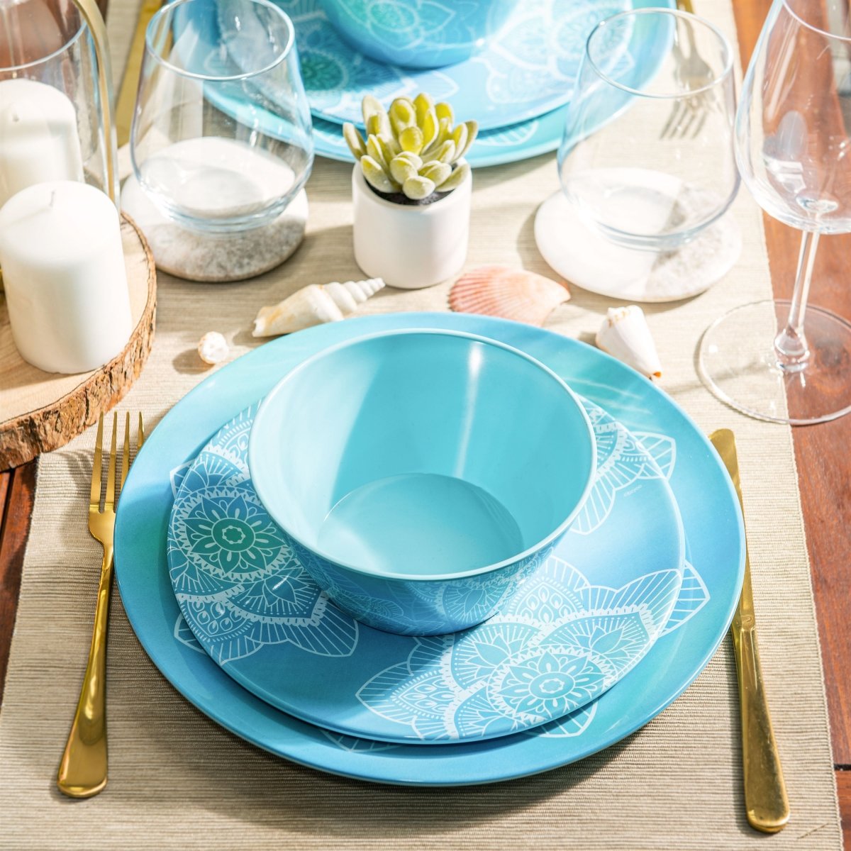 12-Piece La La Mandala Melamine Dinnerware Set - Ombre Blue Plates & Bowls for Outdoor Picnics, Parties, and Durable Everyday Use
