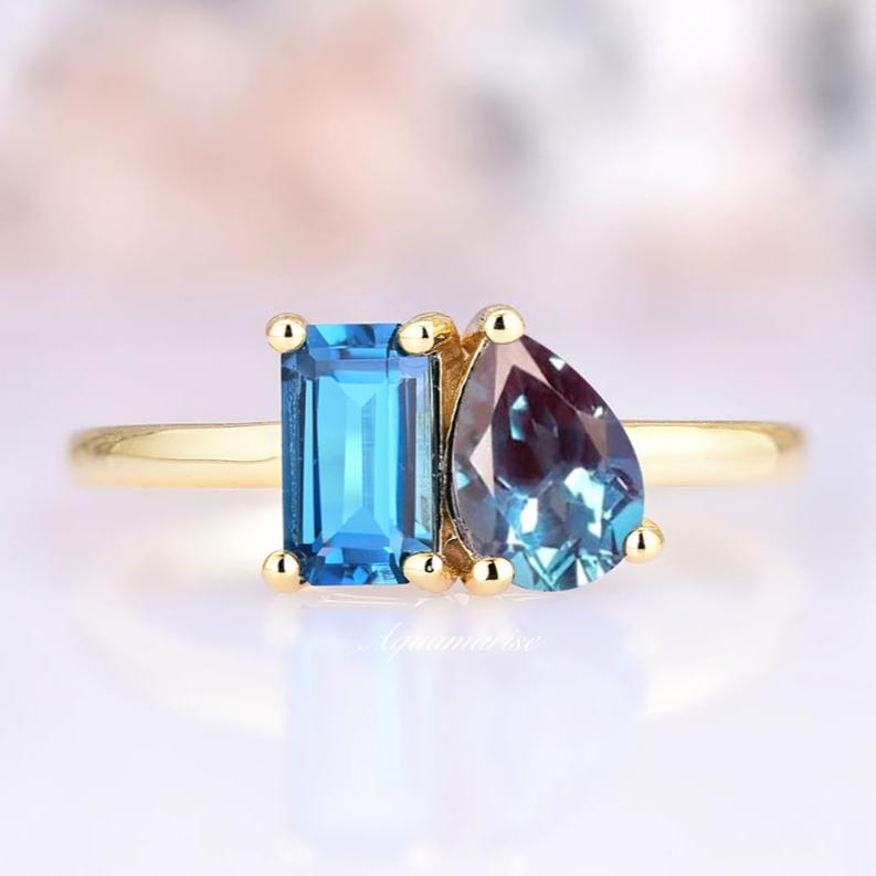 Toi Et Moi Alexandrite & London Blue Topaz Ring in 14K Solid Yellow Gold | Elegant Promise Ring for Engagement, Anniversary & Special Occasions