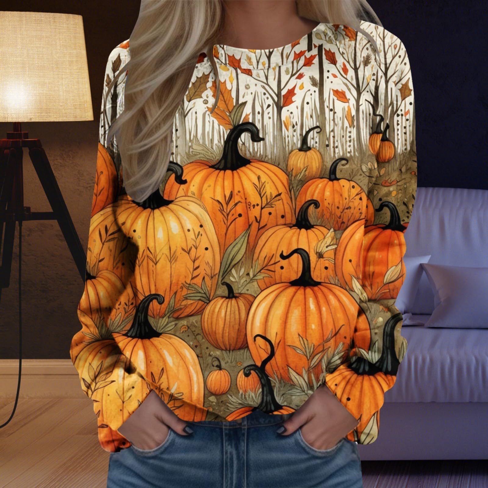 Women's Halloween Pumpkin Graphic Tee - Trendy Long Sleeve Casual Shirt for Fall, Workout & Everyday Wear | Crewneck Tunic Blouse for Halloween Parties & Autumn Outfits